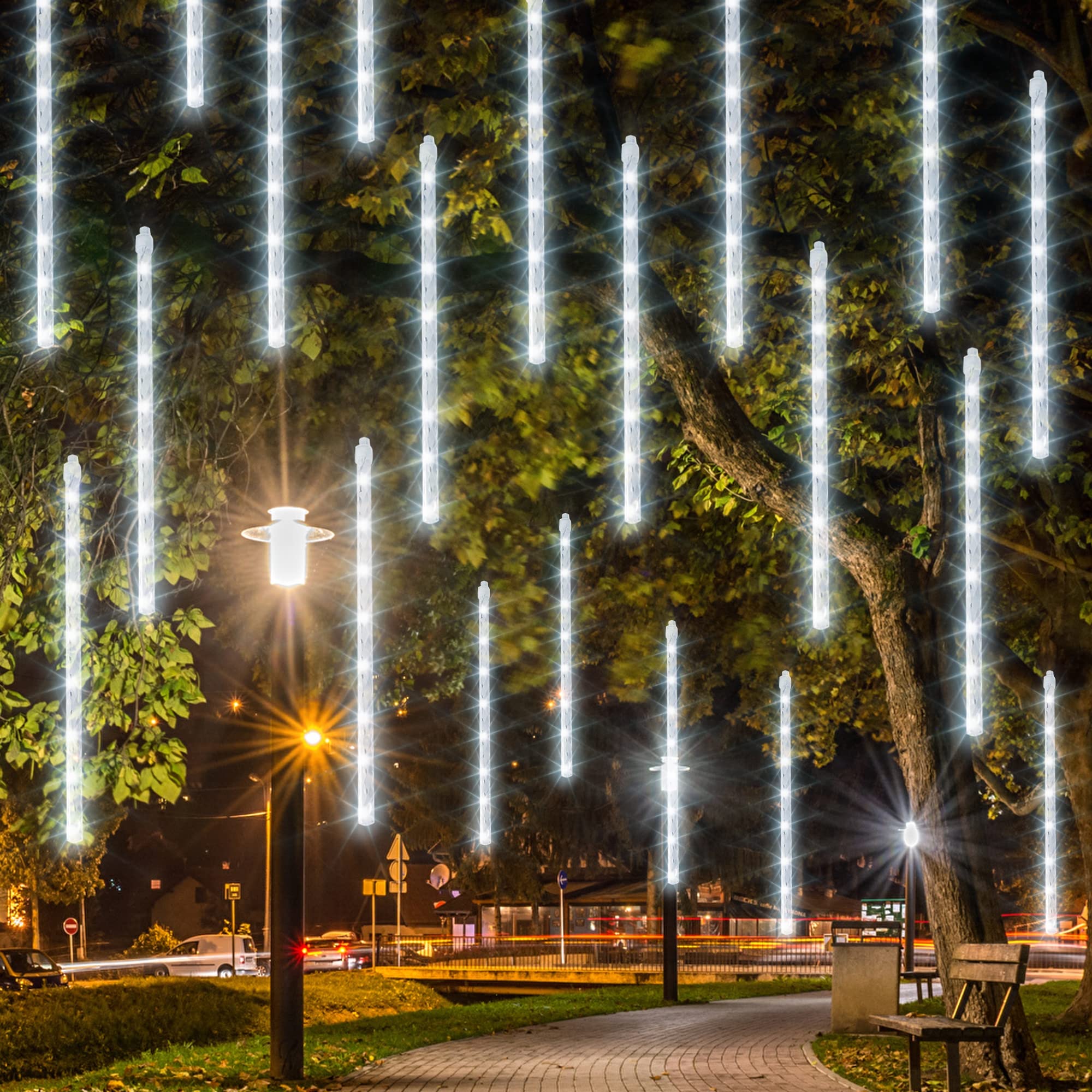 Dazzle Bright Christmas Lights Outdoor, 288Led Meteor Shower Rain Lights 12 Inch 8 Tubes, Waterproof Plug In Falling Icicle Lights Christmas Decorations For Xmas Tree Yard House Decor (White)