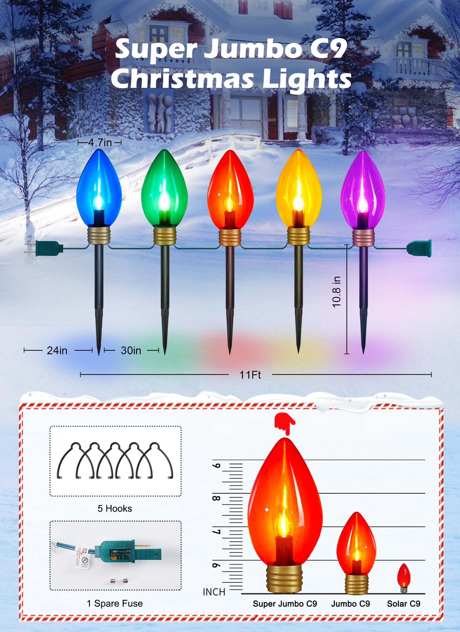 Moonflor Super Jumbo C9 Christmas Pathway Lights, 11FT, 5 LED, Multicolor, Waterproof Outdoor Decoration for Yard, Model GY-C-50.6-U-B1