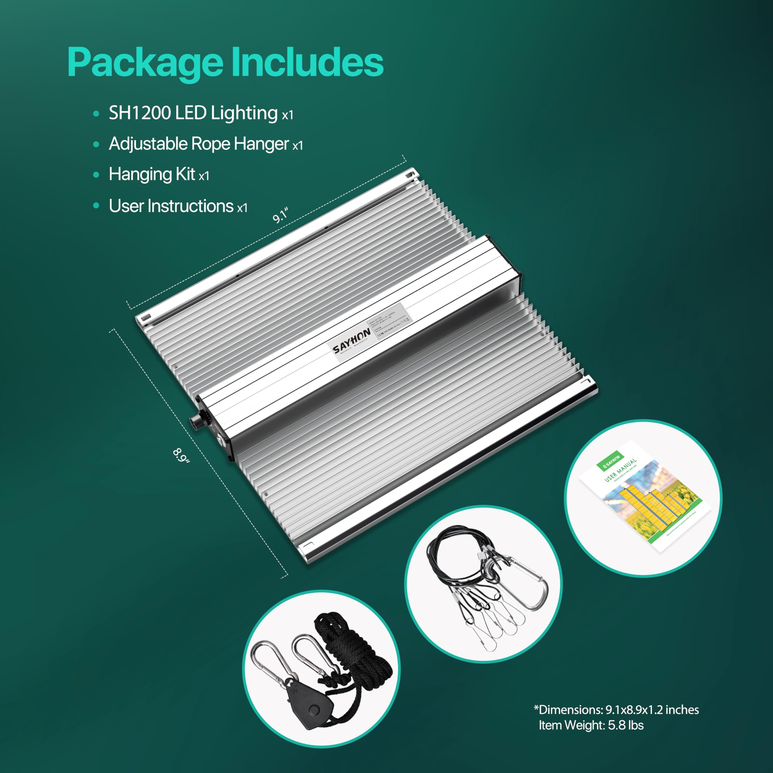 SAYHON SH1200 Dimmable LED Grow Light - Full Spectrum with UV & IR, Silver, Ideal for Indoor Plants & Greenhouse, Covers 3x3 ft.