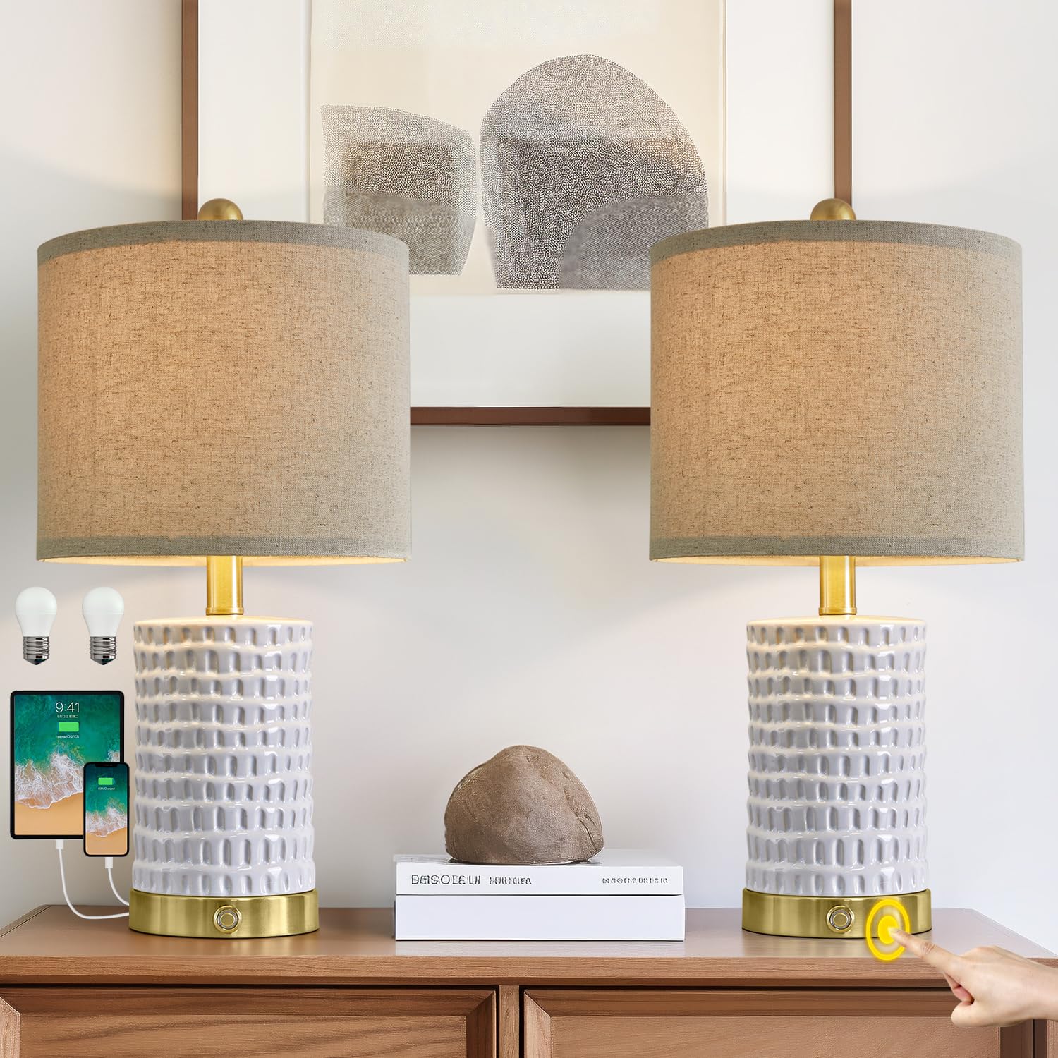PORTRES 19'' Farmhouse 3-Way Dimmable Touch Ceramic Table Lamp Set of 2 White Bedside Lamps for Bedroom Lamps for Living Room Ni