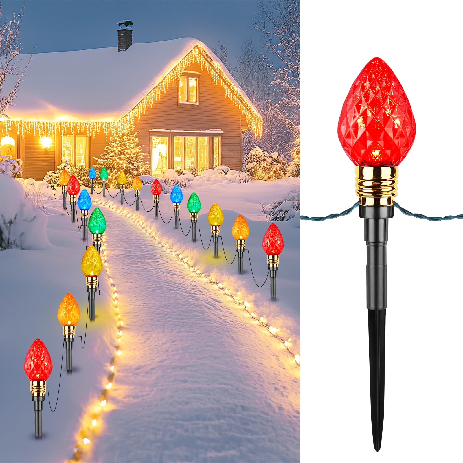 Brightown 4 Pack Strawberry C9 Christmas Pathway Lights Outdoor - Total 69.6 Feet 40 Led Christmas Walkway Lights,Colored Bulb C