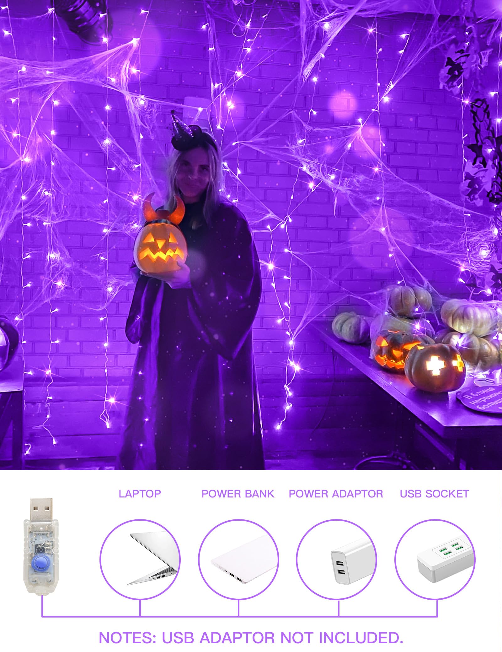 Suddus 200 Led Purple Curtain Lights With Usb Plug - Indoor Halloween & Holiday Decor, 6.5Ft X 6.