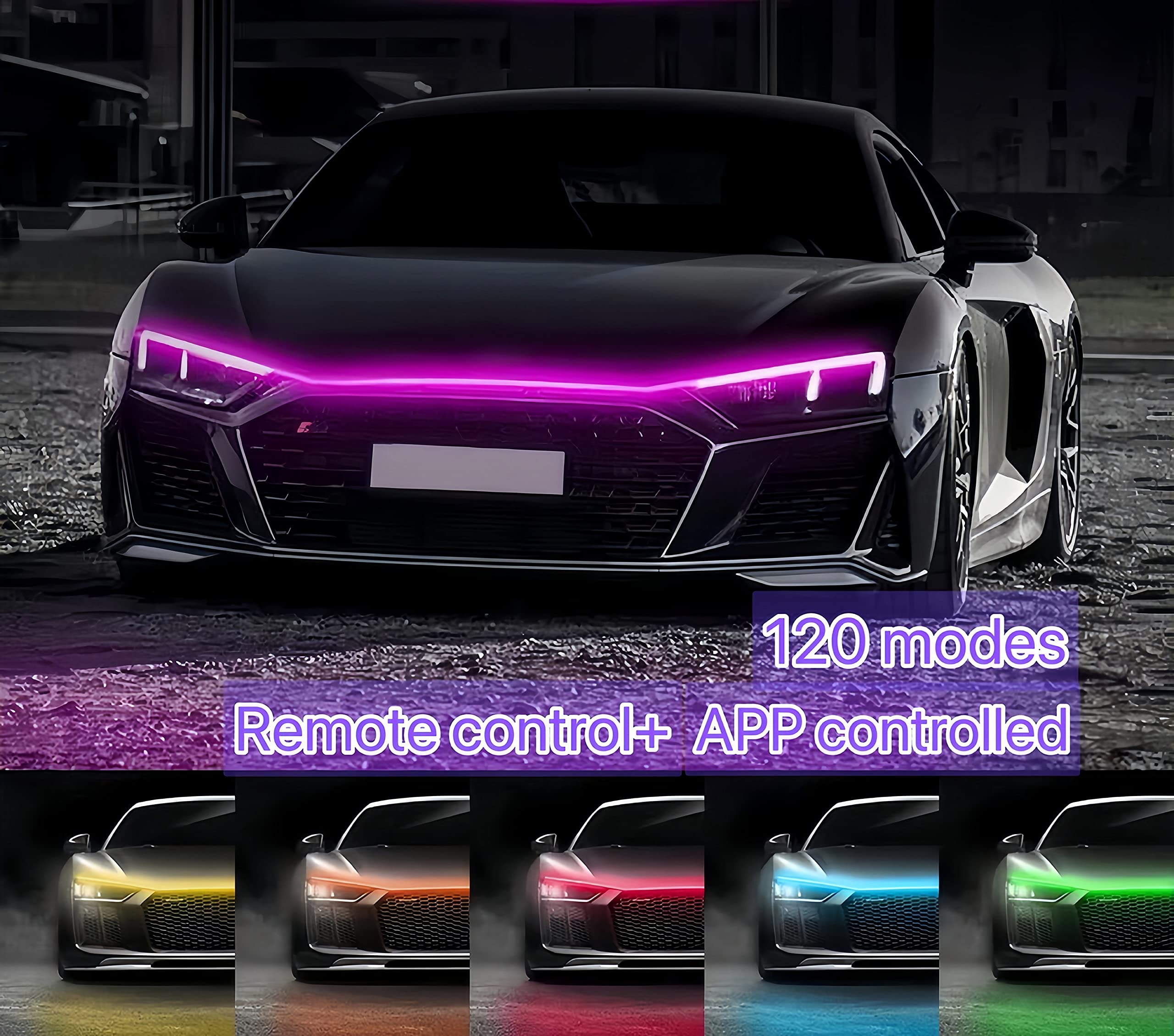 Tockmoon Car LED Hood Lights, Multicolor 120 Modes, 79 Inch, 12V, Model ct001