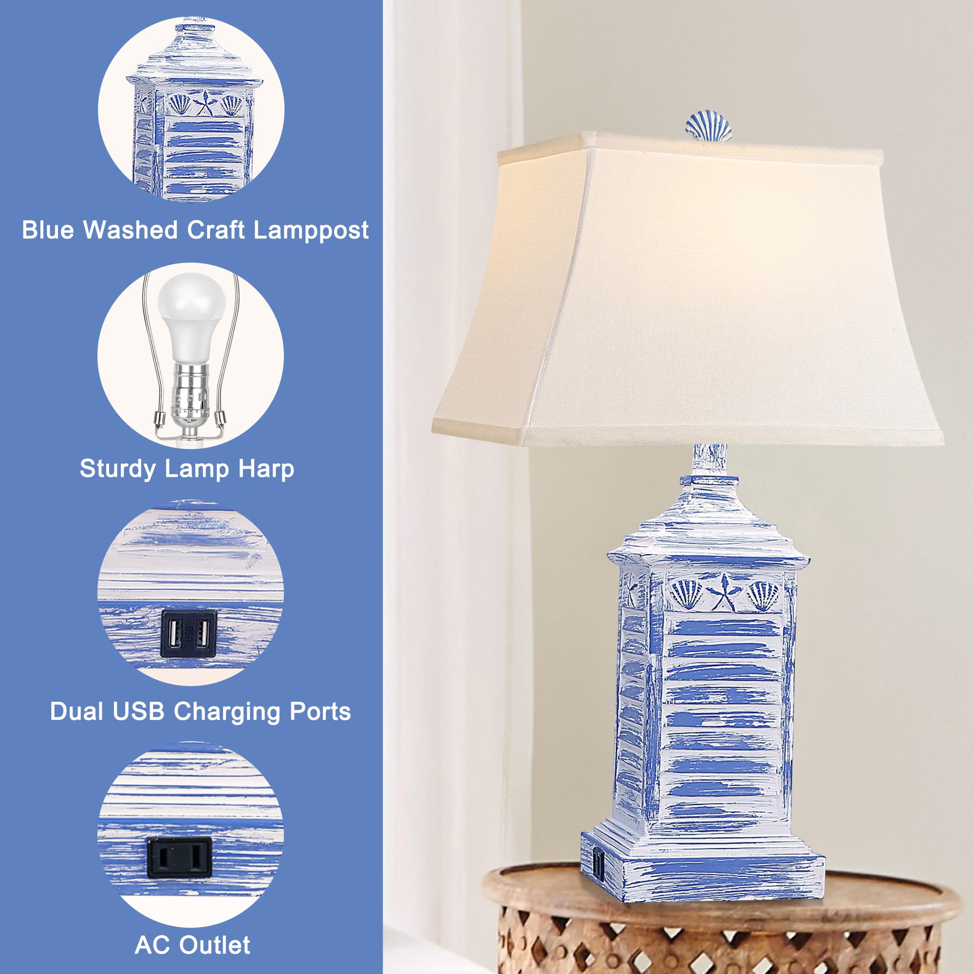 Hamucd Coastal Table Lamps Set of 2, Blue Resin, USB Ports, AC Outlet, Farmhouse Style, Model HMLP278AL2