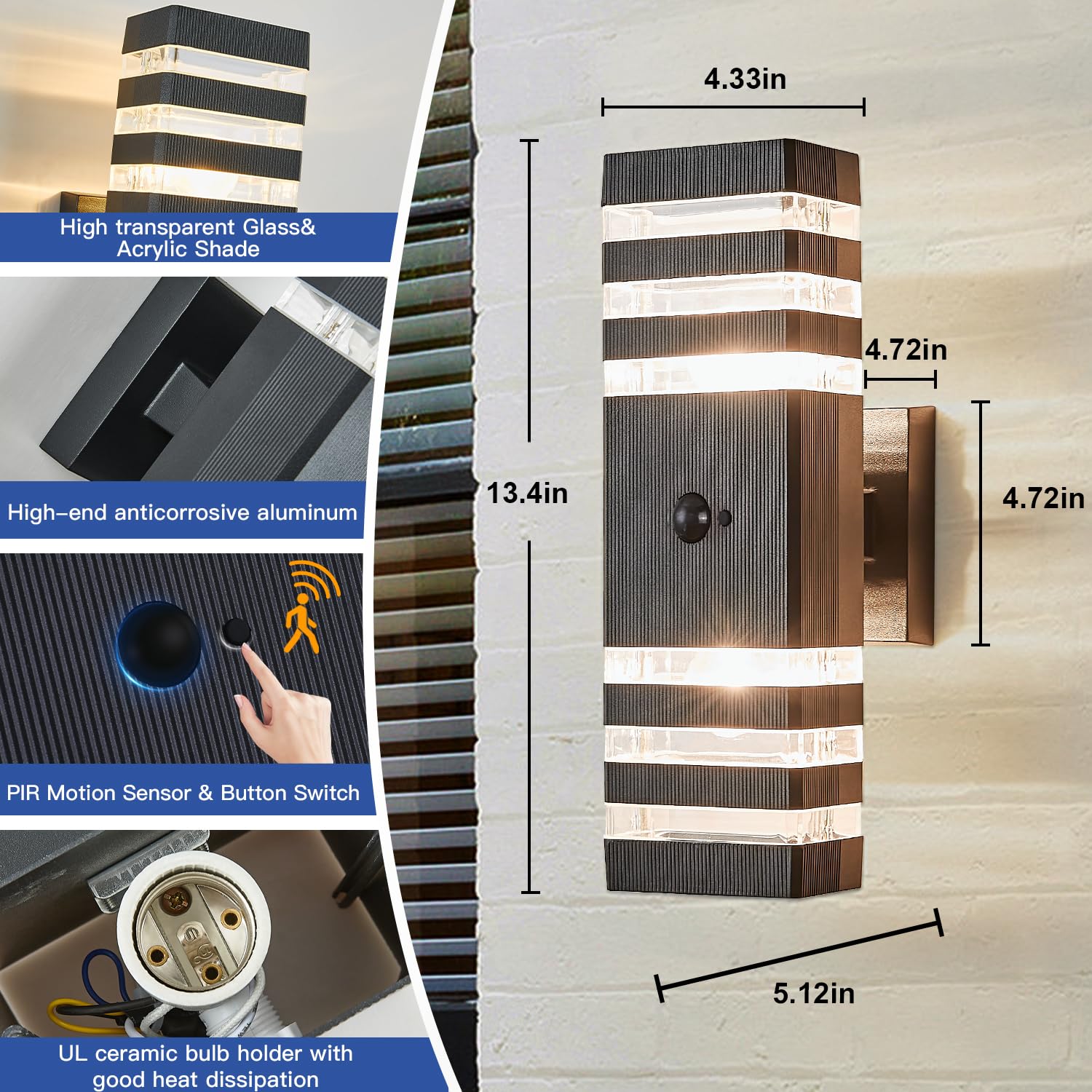 Delicavy 2 Pack Motion Sensor Outdoor Wall Light Fixture, Dusk To Dawn Sconce With 4 Dimmable Bulbs