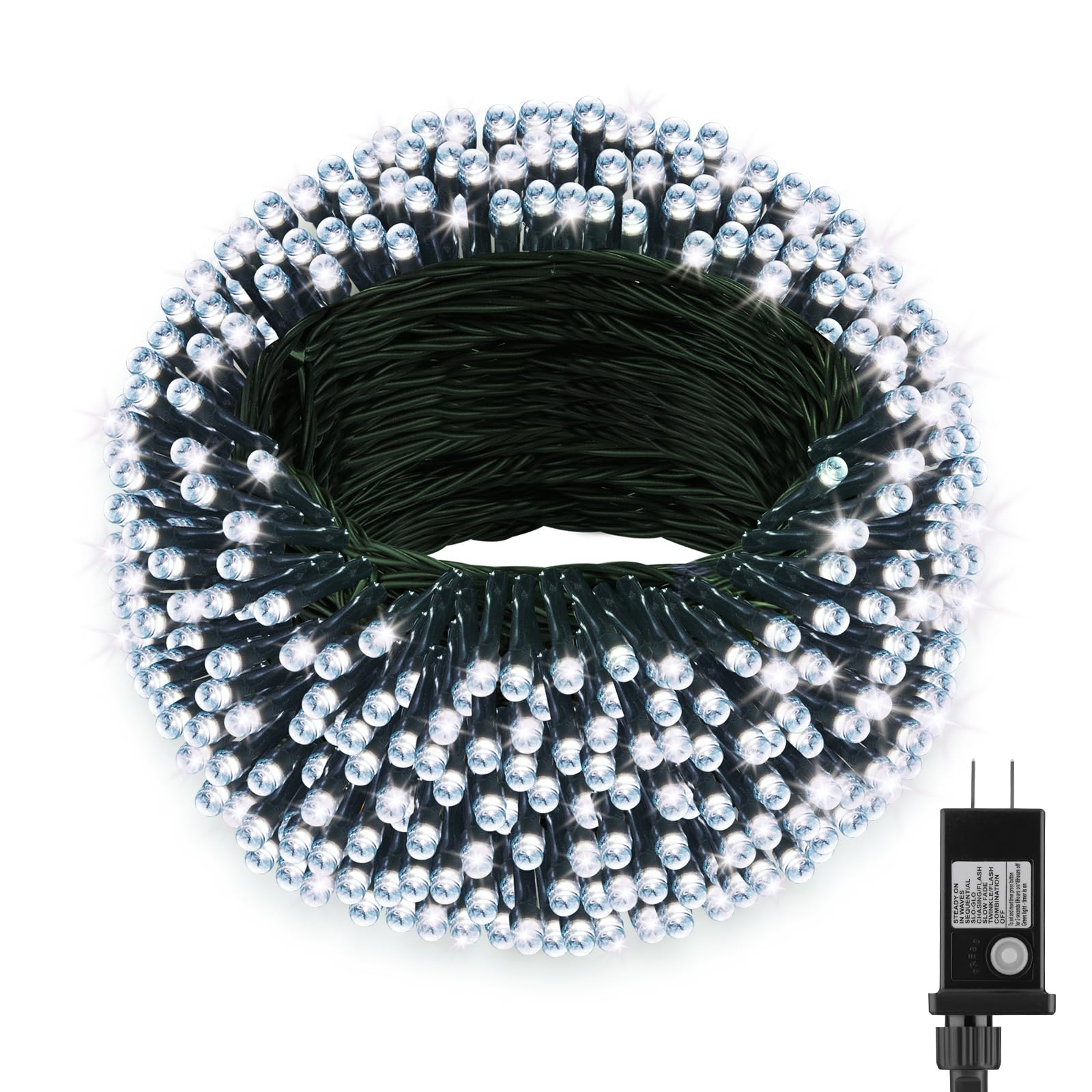FairyGlim Extra Long 264Ft 800 LED Christmas Lights, Green Wire, 8 Modes, Cool White, Model CX-36V-5000LHWW
