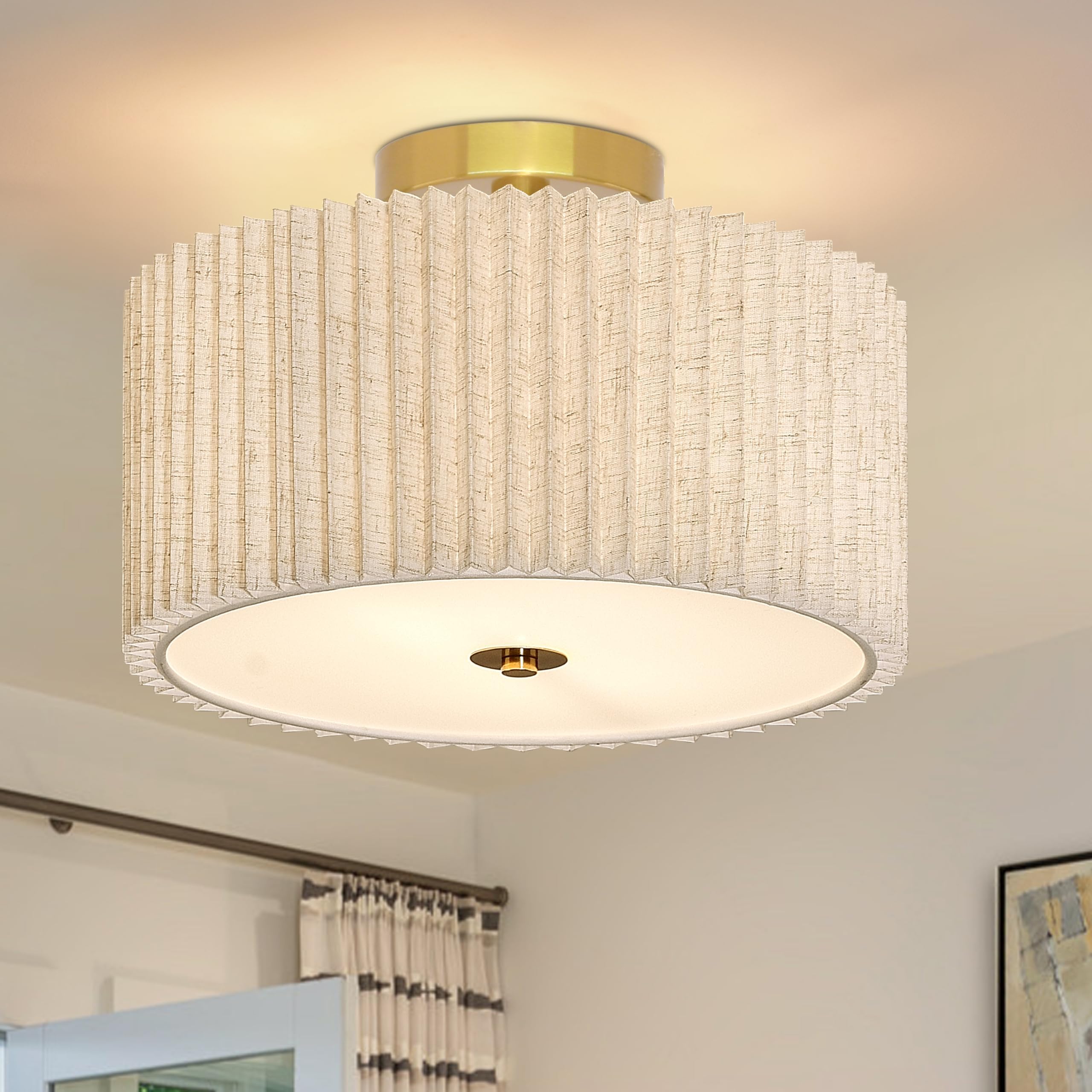 2 Light Semi Flush Mount Ceiling Light Fixture 12.6 Inch Modern Gold Drum Ceiling Light Fixture With Pleated Fabric Shade Dimmab