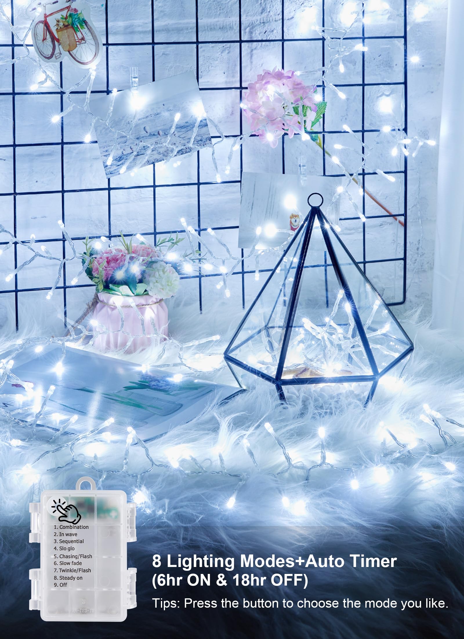 4 Pack Battery Operated String Lights Outdoor, 4Ft 60 Led Battery Powered String Fairy Lights With Time, 8 Modes, Waterproof Twinkle String Lights For Outside Indoor Bedroom Tree Wedding, Cool White