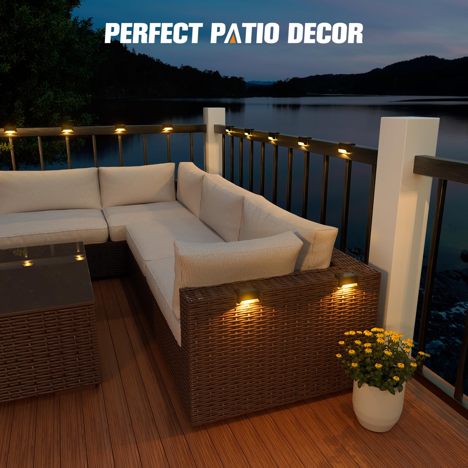 Aponuo Solar Step Deck Fence Lights, Outdoor Waterproof Led, 1.77X3.14X1.73In, Black, Warm White, 16 Pcs, Path, Light, For Patio