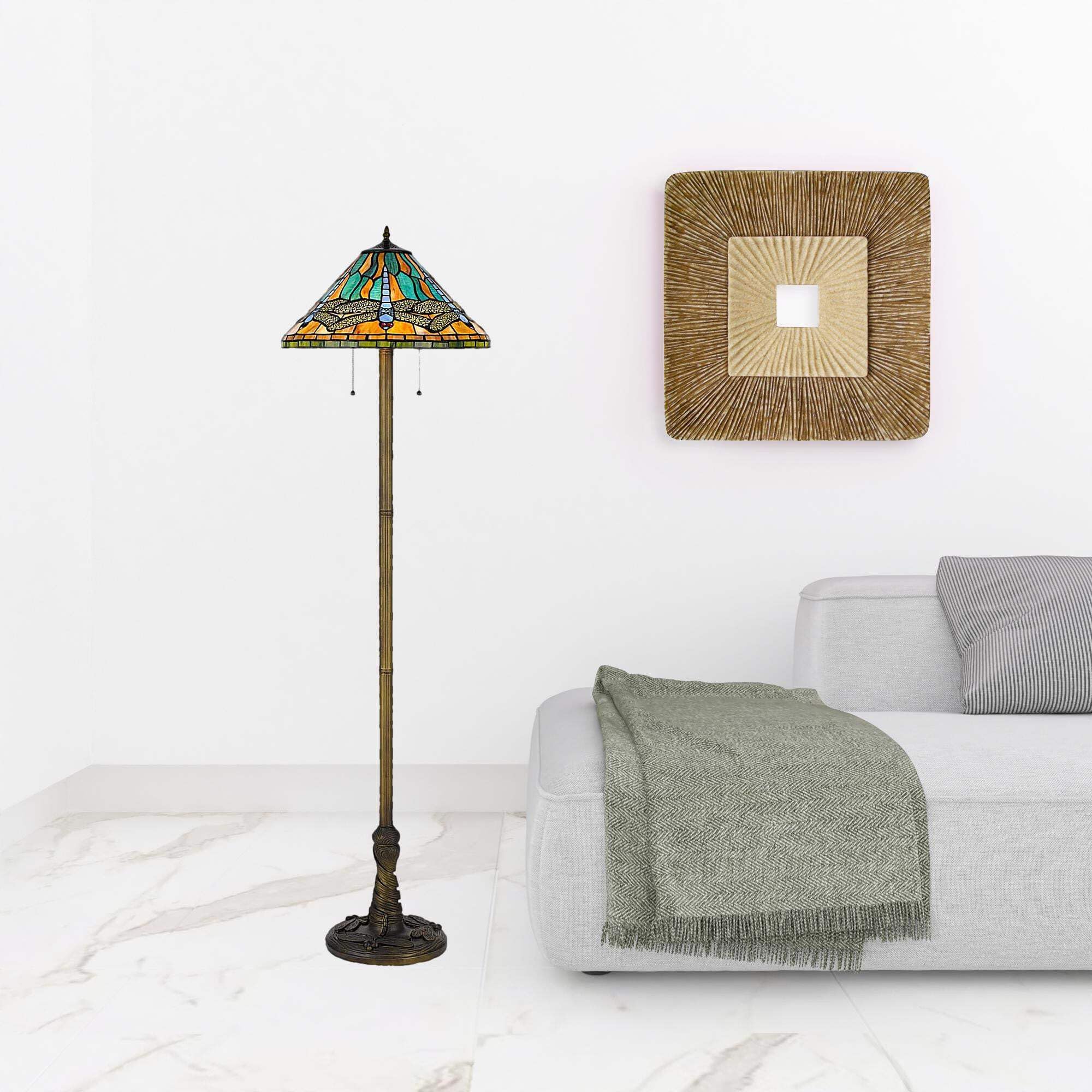 HomeRoots Brass Two Light Traditional Floor Lamp with Dragonfly Tiffany Glass Shade, 63 in., Blue & Orange