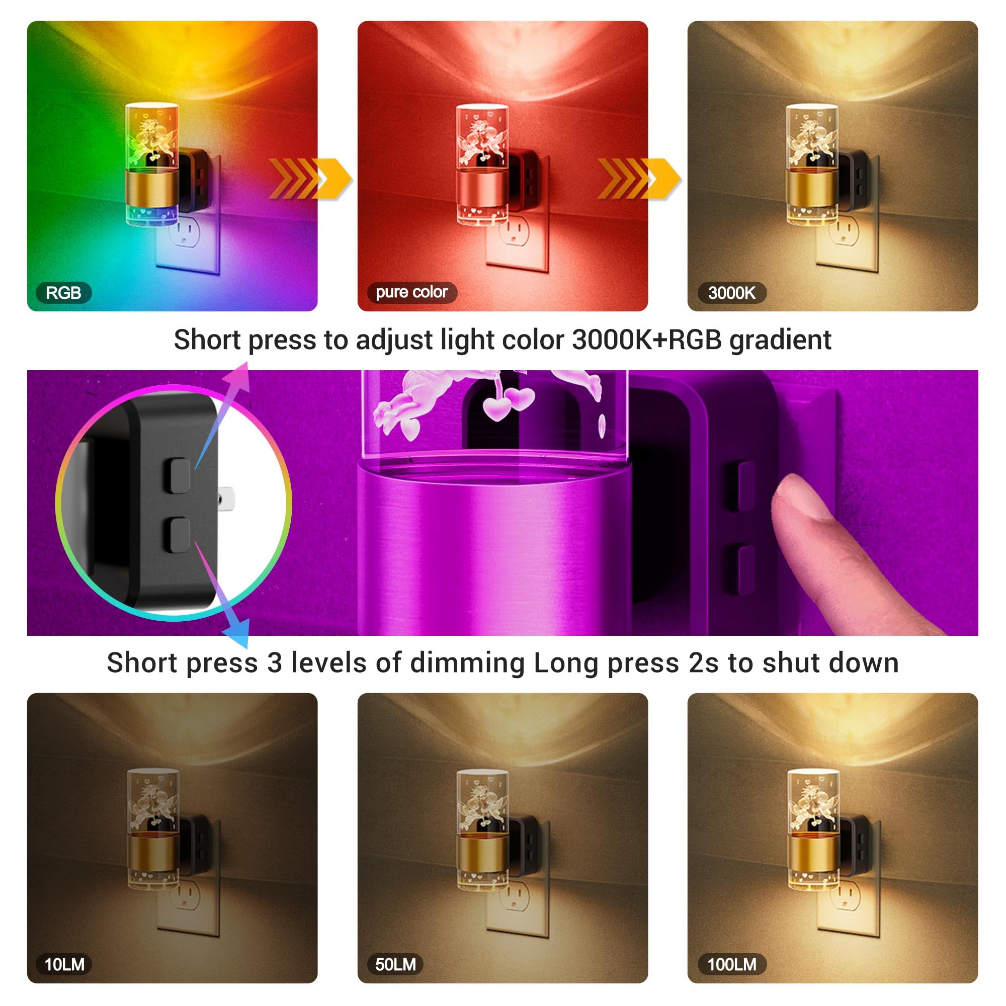 Jandcase Night Lights Plug Into Wall,Angel Night Light, 3000K+Rgb 10-Color Led Nightlight With Dusk To Dawn Sensor, 10/50/100Lm