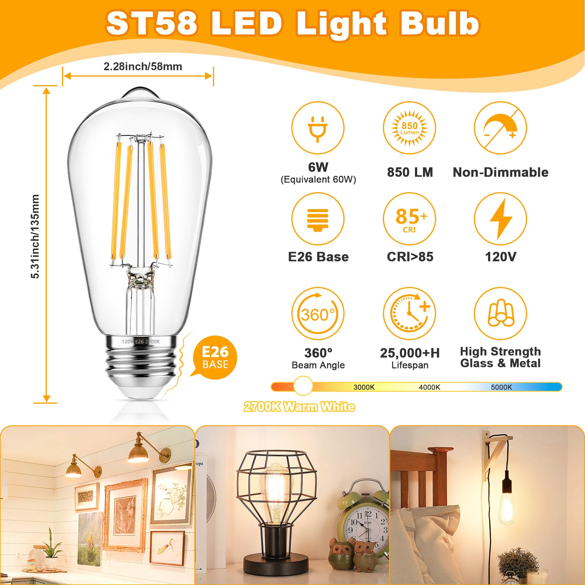 Asomst 4-Pack Vintage Edison Bulbs 60W Equivalent, 850Lm 6W Led Light Bulb Warm White 2700K, St58 Filament Lighting E26 Base, No
