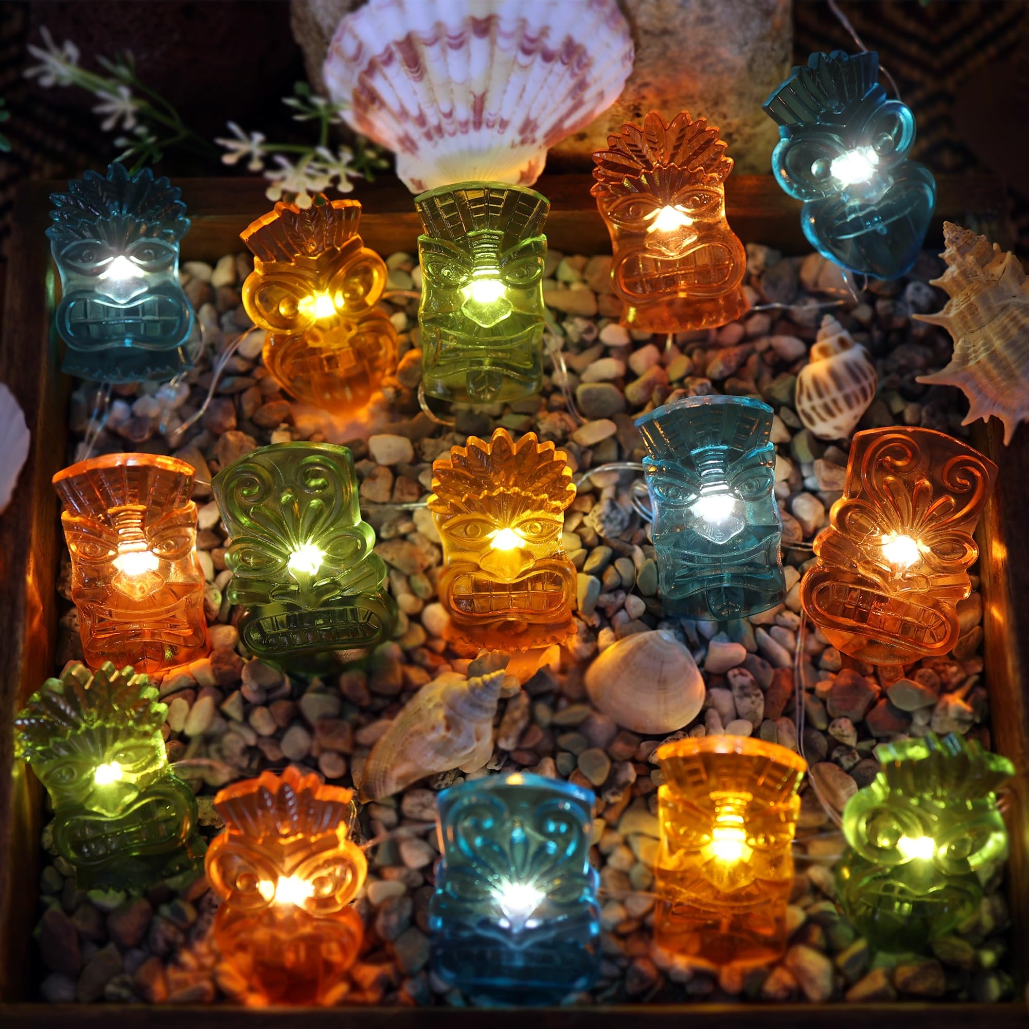 JASHIKA Tiki Mask String Lights USB Powered 20PCS 7FT, Tropical Hawaiian LED Fairy Lights with Remote and Optional Battery Box, 