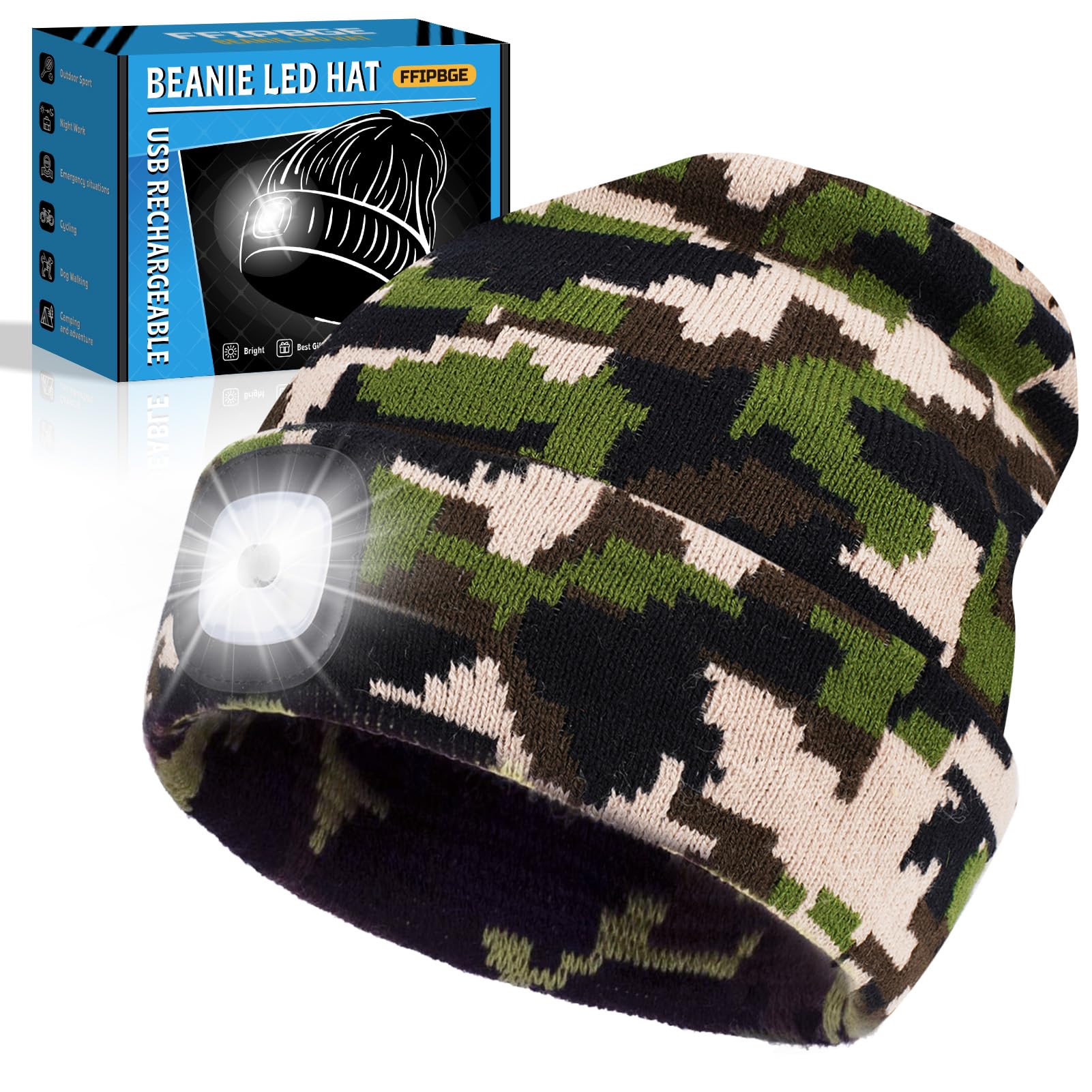 FFIPBGE Beanie Hats with Light, USB Rechargeable Headlamp, One Size-Medium, Camouflage, Model BHL2413