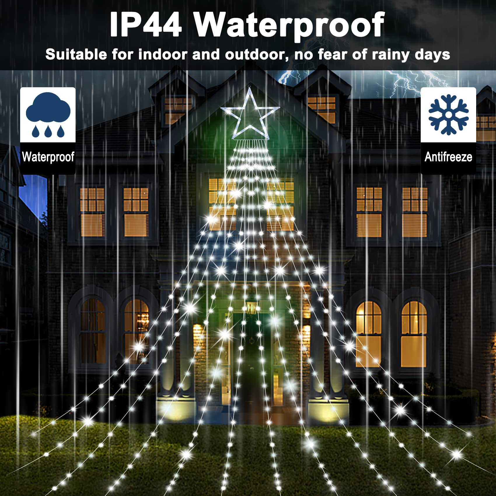 Onory Christmas Outdoor Star String Lights 23Ft 860 Led Waterproof Waterfall Tree Lights With Star Topper, 8 Modes Christmas Dec
