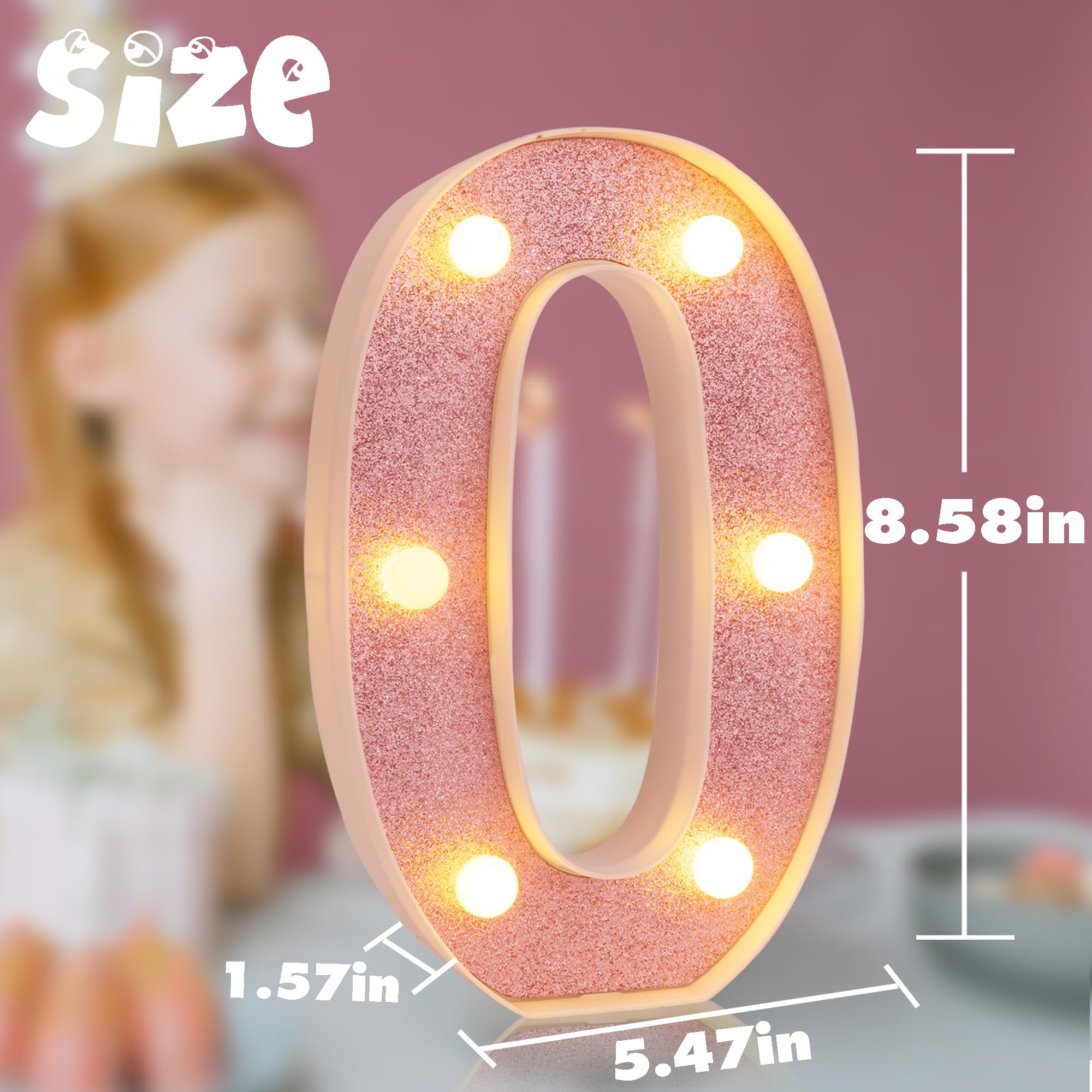 DyingSwan LED Marquee Number 0, Light Up Table Decor, 8.58 Inch, Pink Glitter, Battery Powered, Plastic