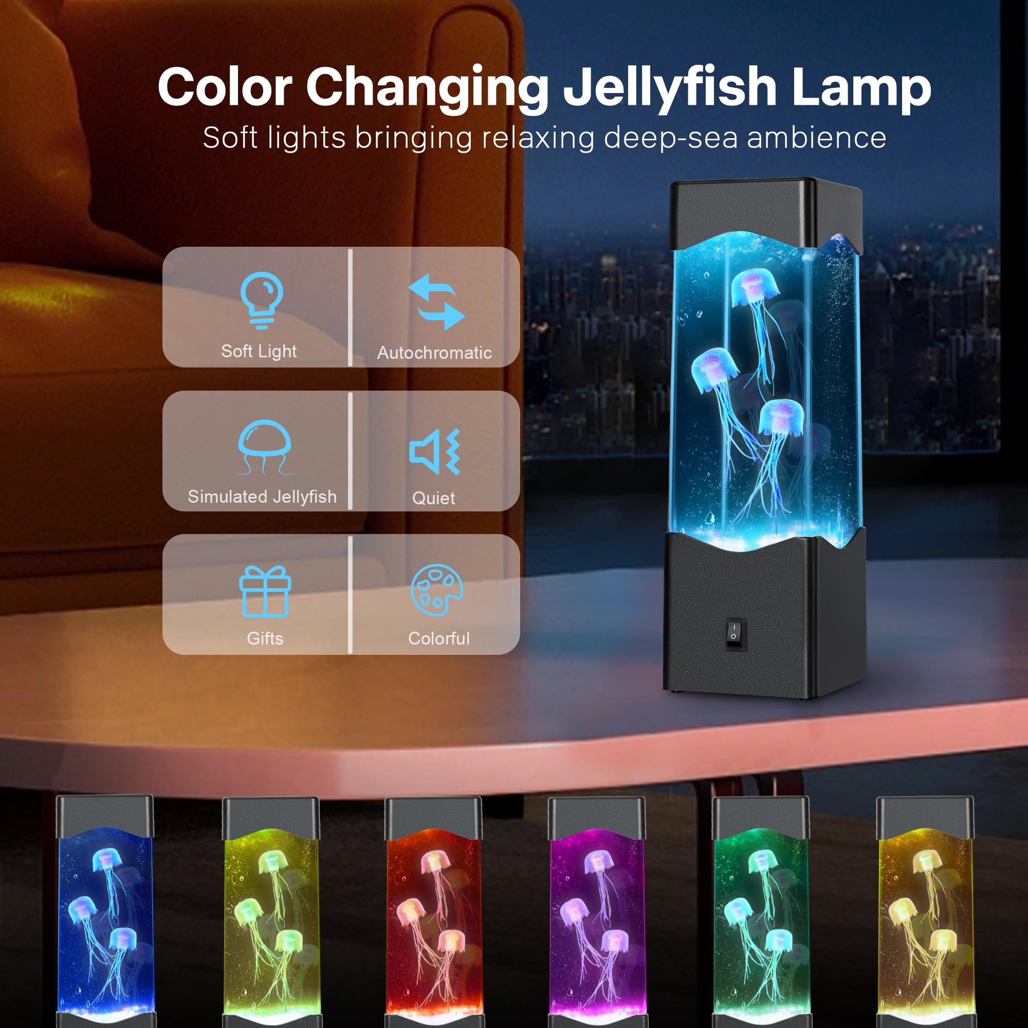 SENCU Multi-Color Jellyfish Lava Lamp, USB Powered Aquarium Night Light, 9.2x2.8 inches, Black, Model SE-03