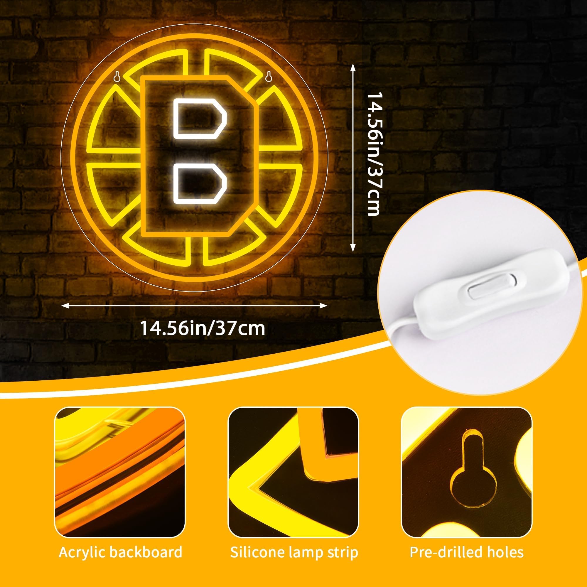 FTMGGDG Ice Hockey Neon Sign, Boston Team, Acrylic, 14.6x14.6 inches, Model FMXD600, LED Light Decor for Fans