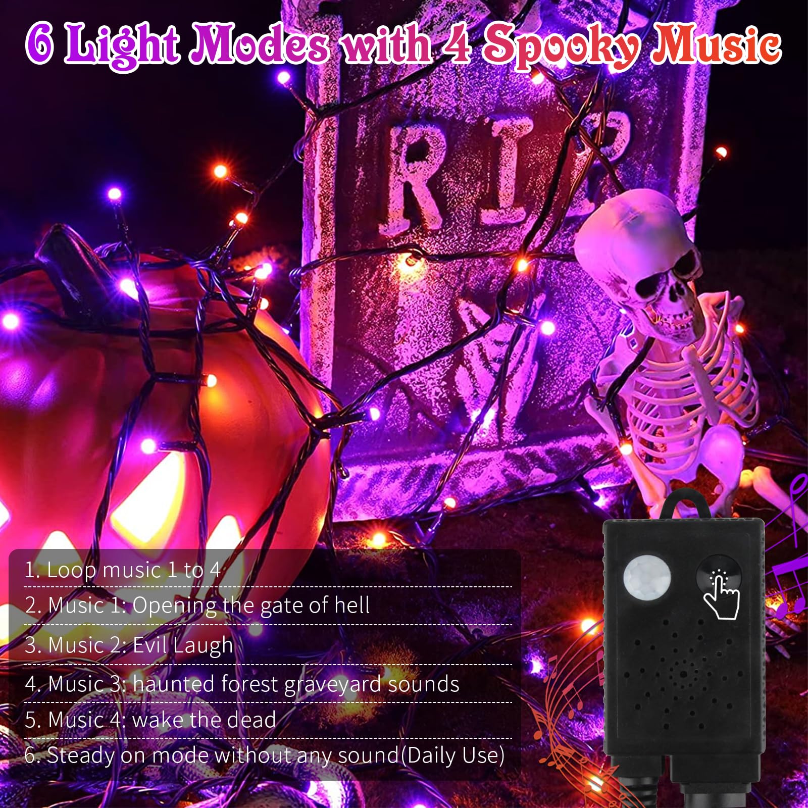 VTECHOLOGY 300 LED Halloween String Lights, Motion Sensor, 105ft, Purple & Orange, Model QL300IE, Copper Material