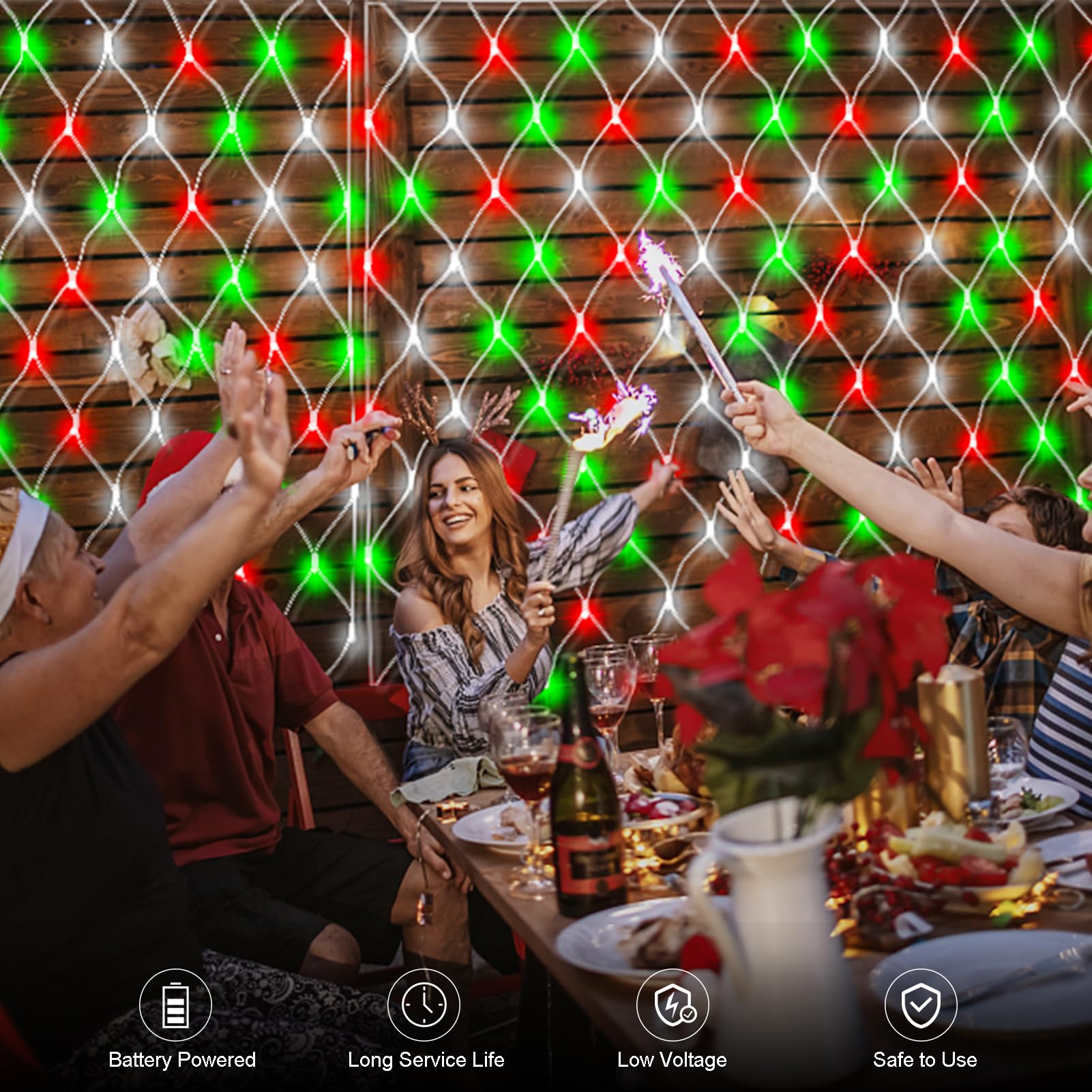 echosari Battery Operated Net Lights, 100 LED, 4.9ft x 4.9ft, Red White & Green, 8 Modes, Remote Timer, Dimmable,