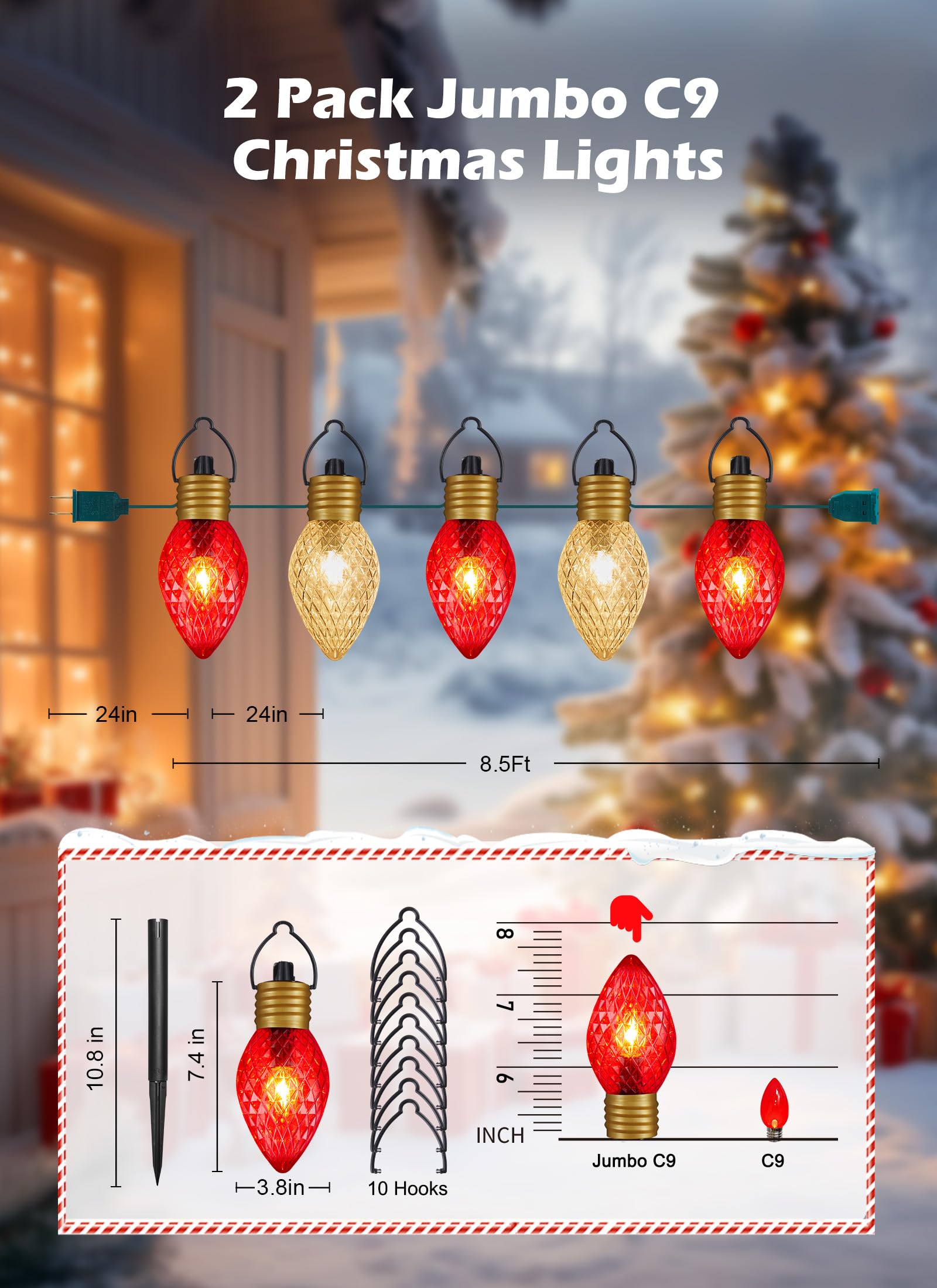 Brightown 4 Pack Jumbo Lights C9 Christmas Pathway Lights Outdoor - 10.5 Feet 5 Lights Strawberry C9 Walkway Lights, C7 Lights C