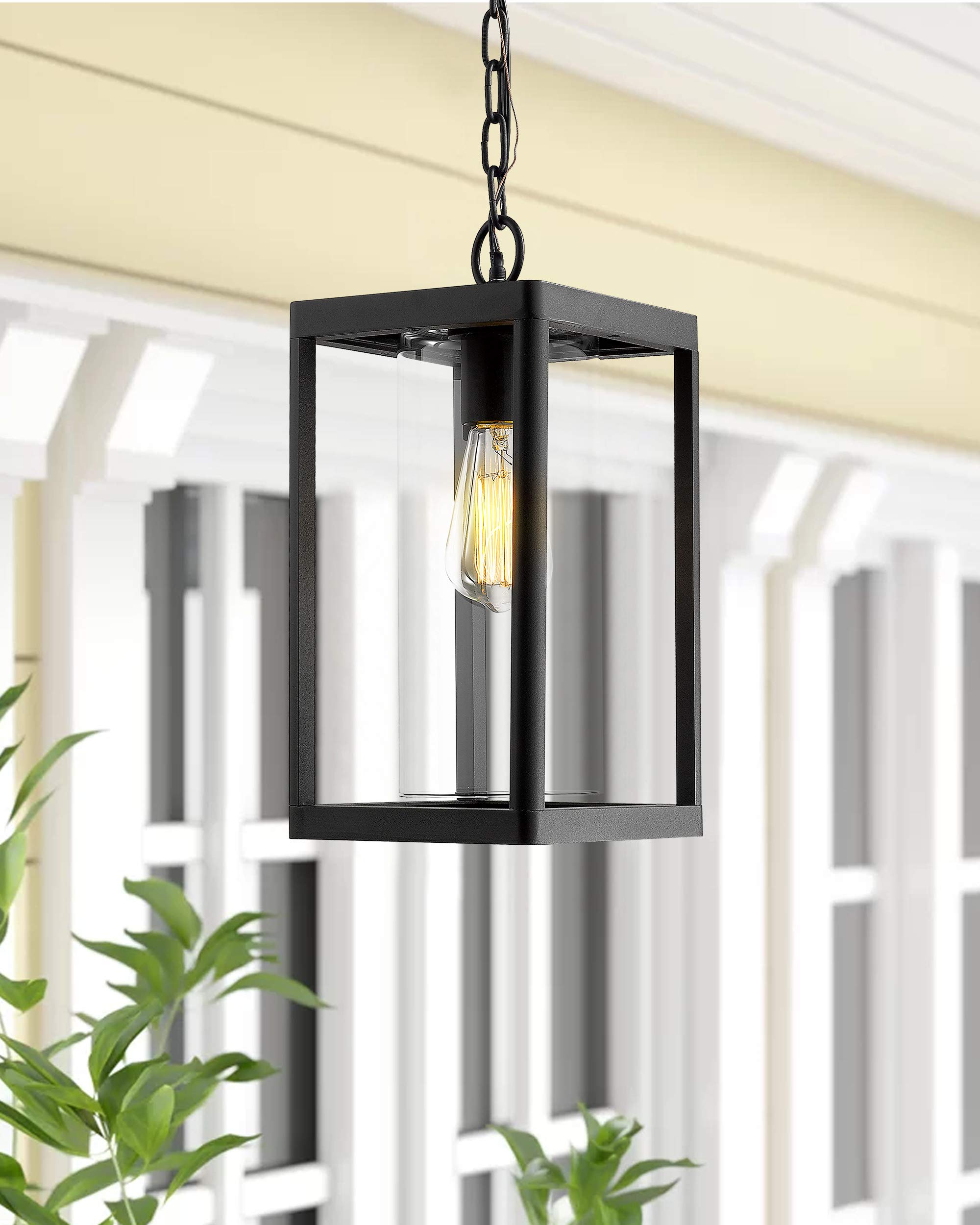 Beionxii Outdoor Pendant Light, Modern Black Aluminum Lantern, Clear Glass, Large, Model BXA291H-1PK