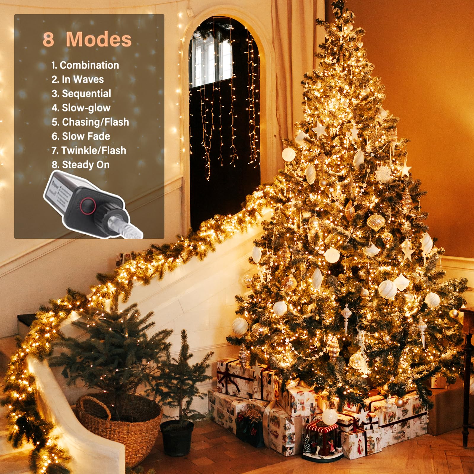 KENTA 105FT 300 LED Fairy Lights, Warm White, Copper, Waterproof, Timer & Remote, 8 Modes, Model KXDC-USB-NB4P