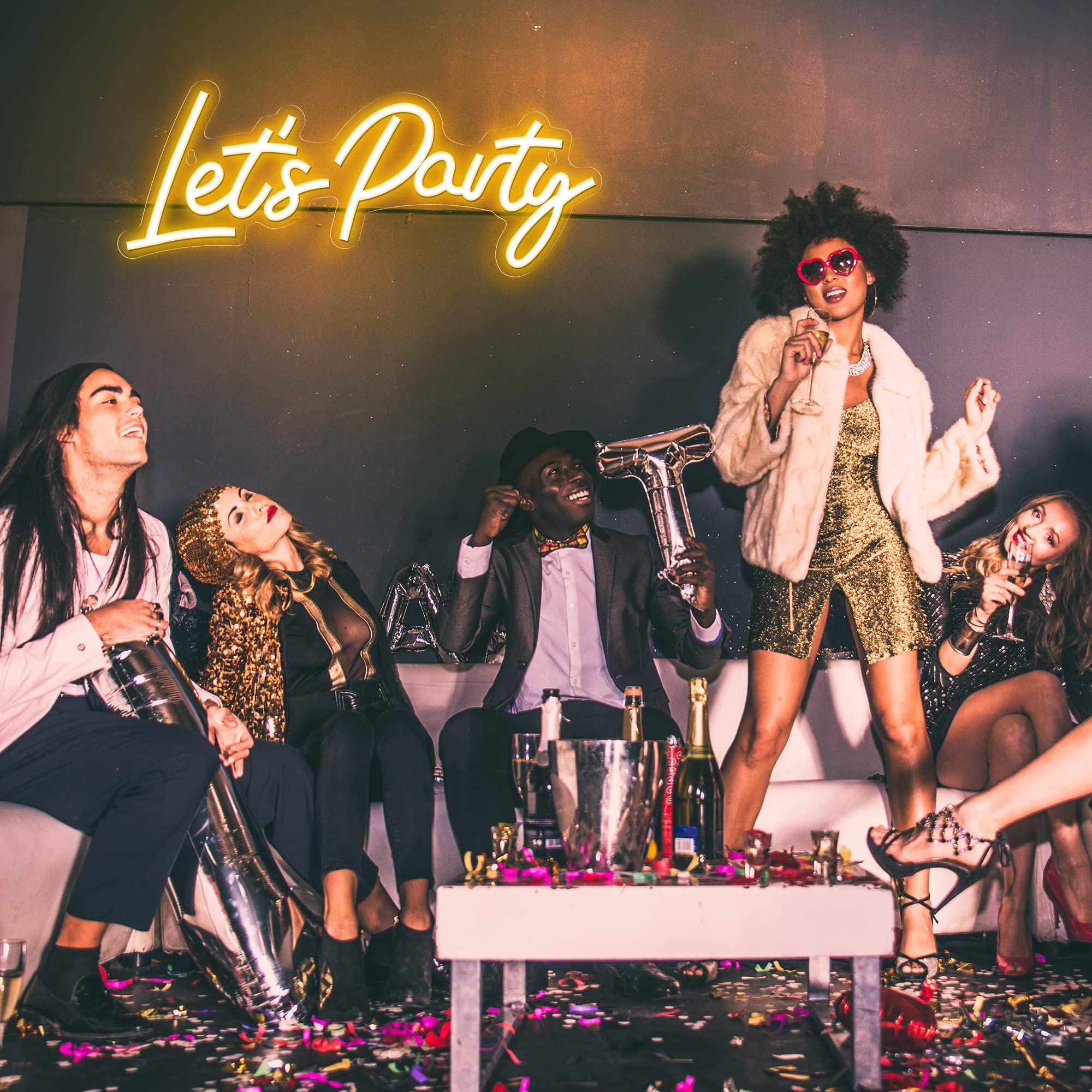 Kavaas Neon Sign - Lets Party Wall Decor, 16.5in x 6.9in , Warm White, Model KNS-LPW for Birthday, Wedding, Bachelorette Decorations