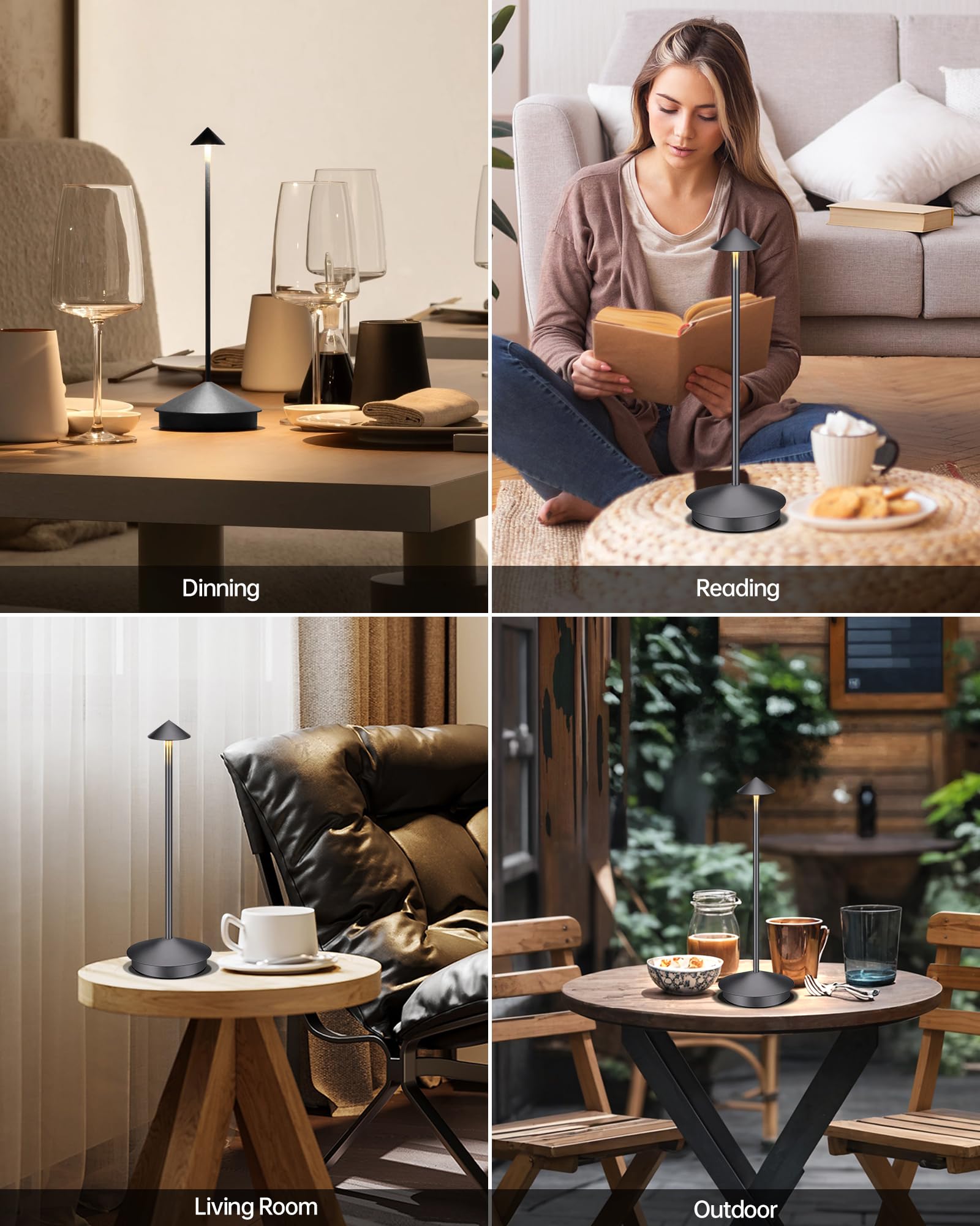 XMINKDZA Portable LED Cordless Table Lamp 2 Pack, Rechargeable 6000mAh, IP54 Waterproof, Dimmable, Grey Aluminum Metal