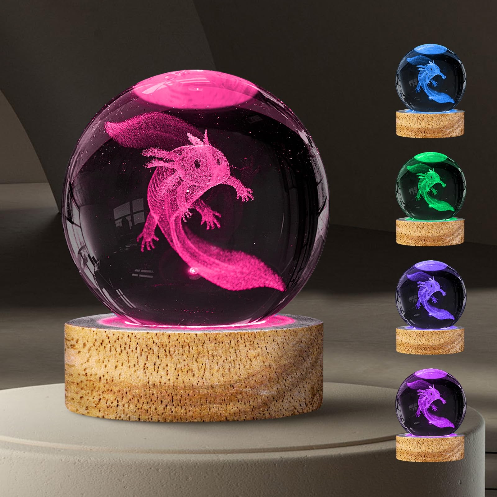 DCORIUNTG 3D Crystal Ball Lamp - 60mm Axolotl Figurine, 16 Colors, Remote Control, Glass, Room Decor, Gift for Kids & Friends