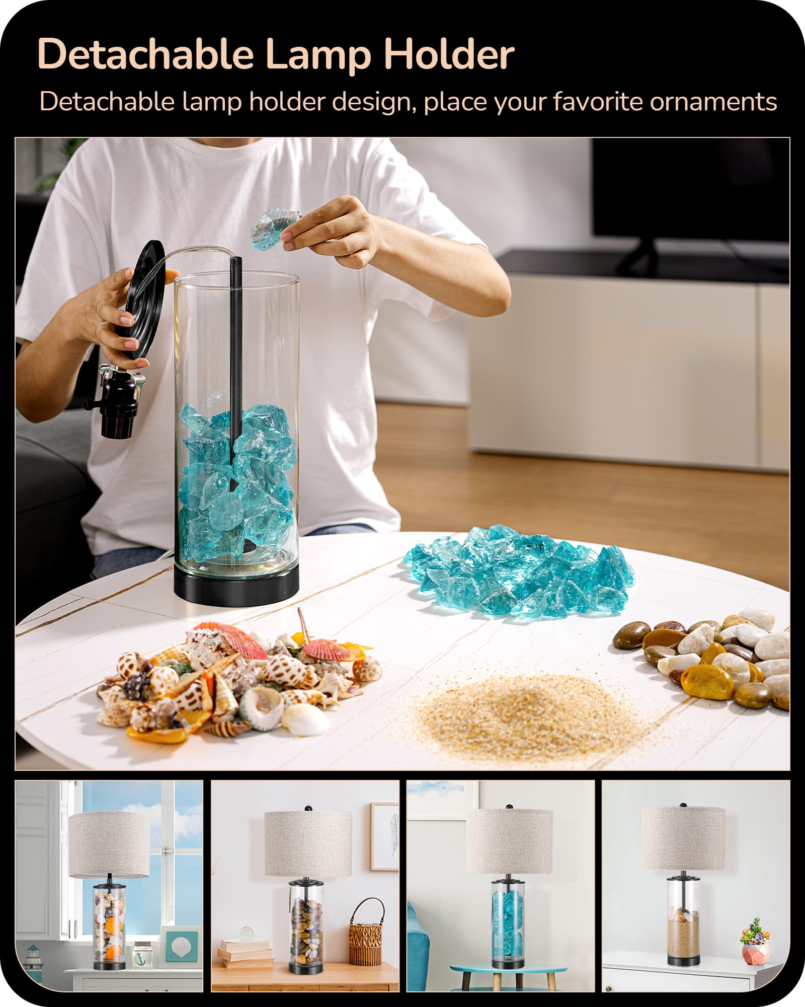 Edishine 23.6 Glass Table Lamp Set Of 2  Diy Refillable Bedside Lamp With Linen Lampshade & Rotary Switch  E26 Base  Nightstand Light For Living Room  Bedroom  Office