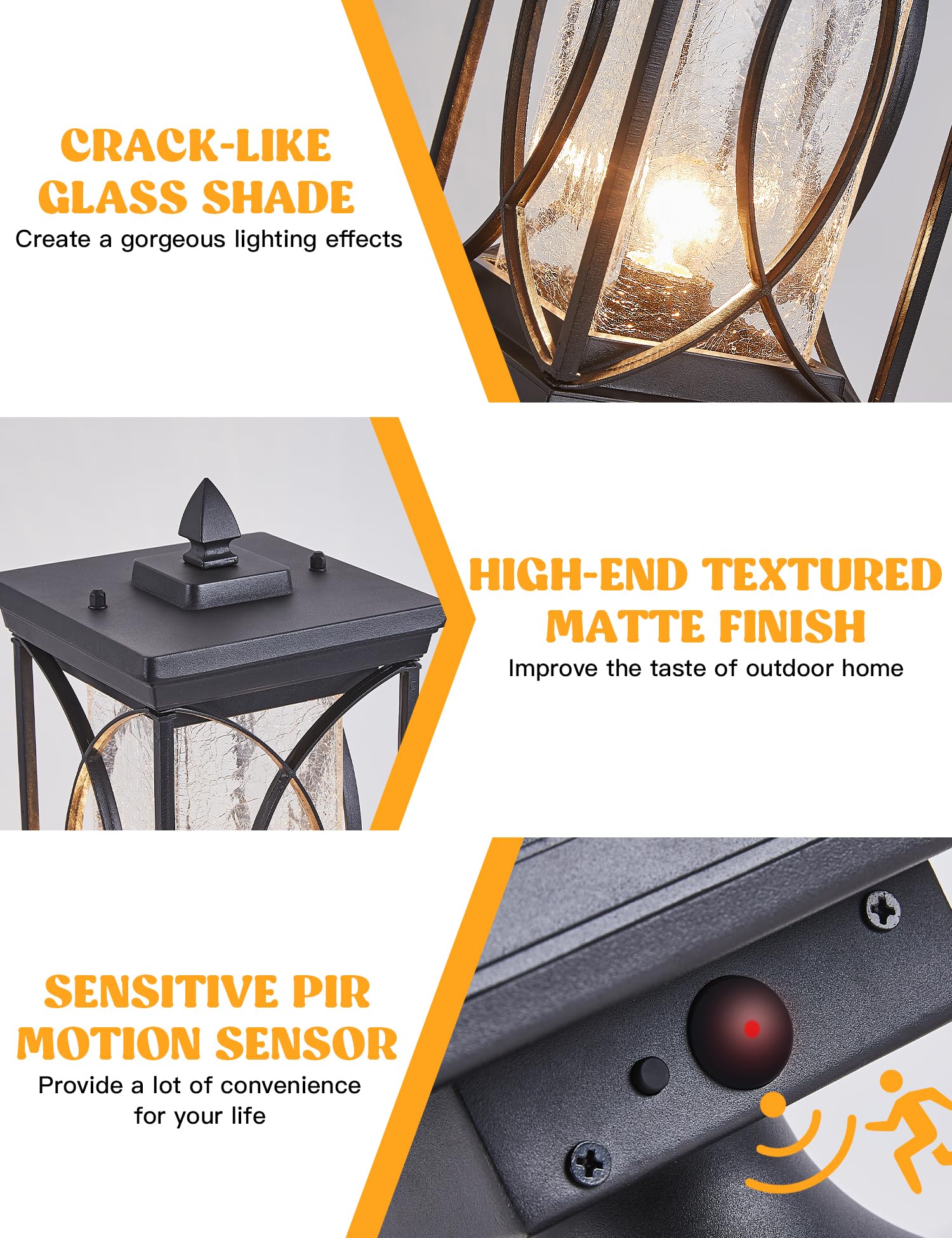 Delicavy Motion Outdoor Post Lantern - Dusk to Dawn Pillar Lamp with 3 Inch Pier Mount Adapter, Black, Large, Aluminum,  le Glass