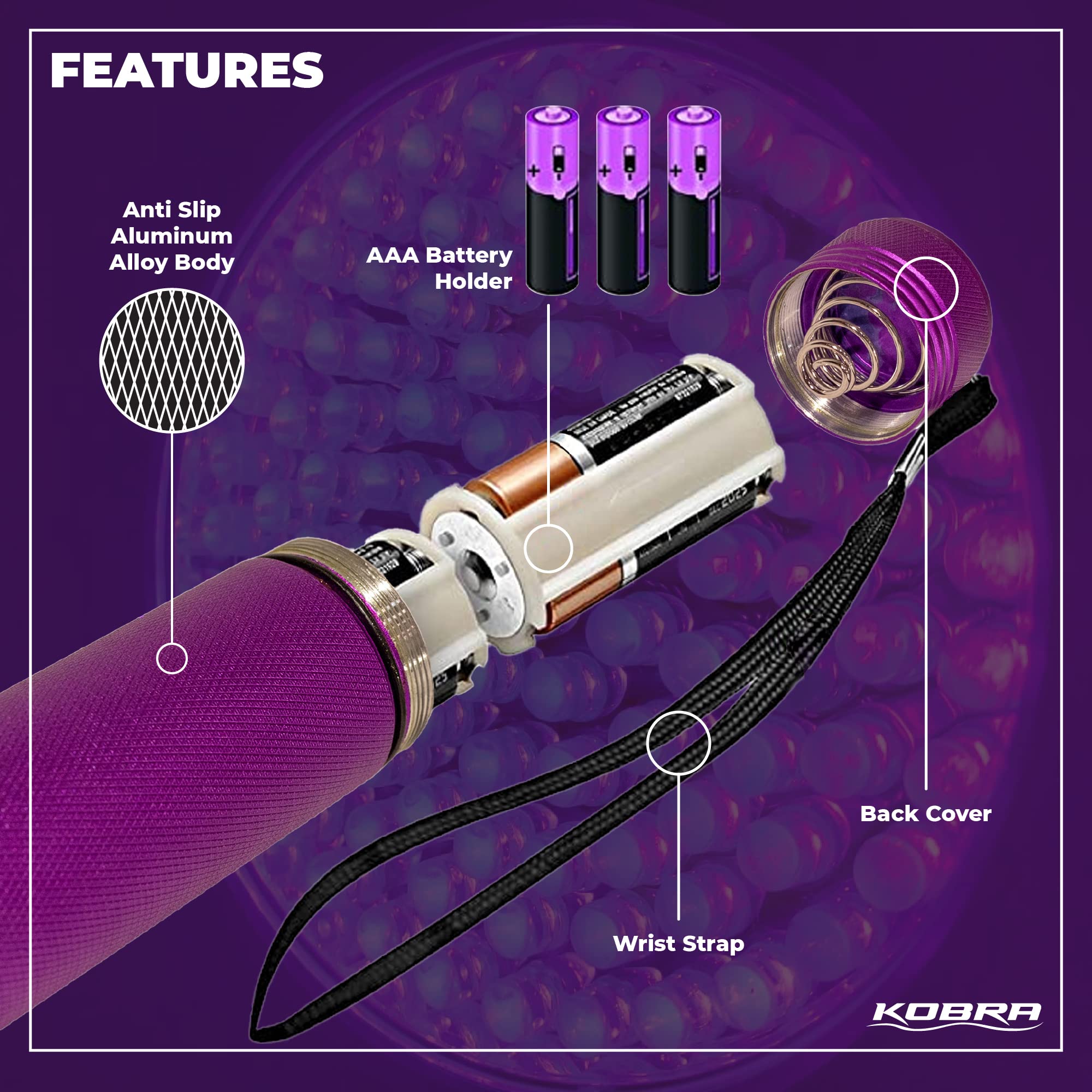KOBRA Black Light Flashlight 100 LED, Ultra Intensity 18W, Model BLFL-PRNT, Purple, for Home & Hotel Inspection, Pet Stains