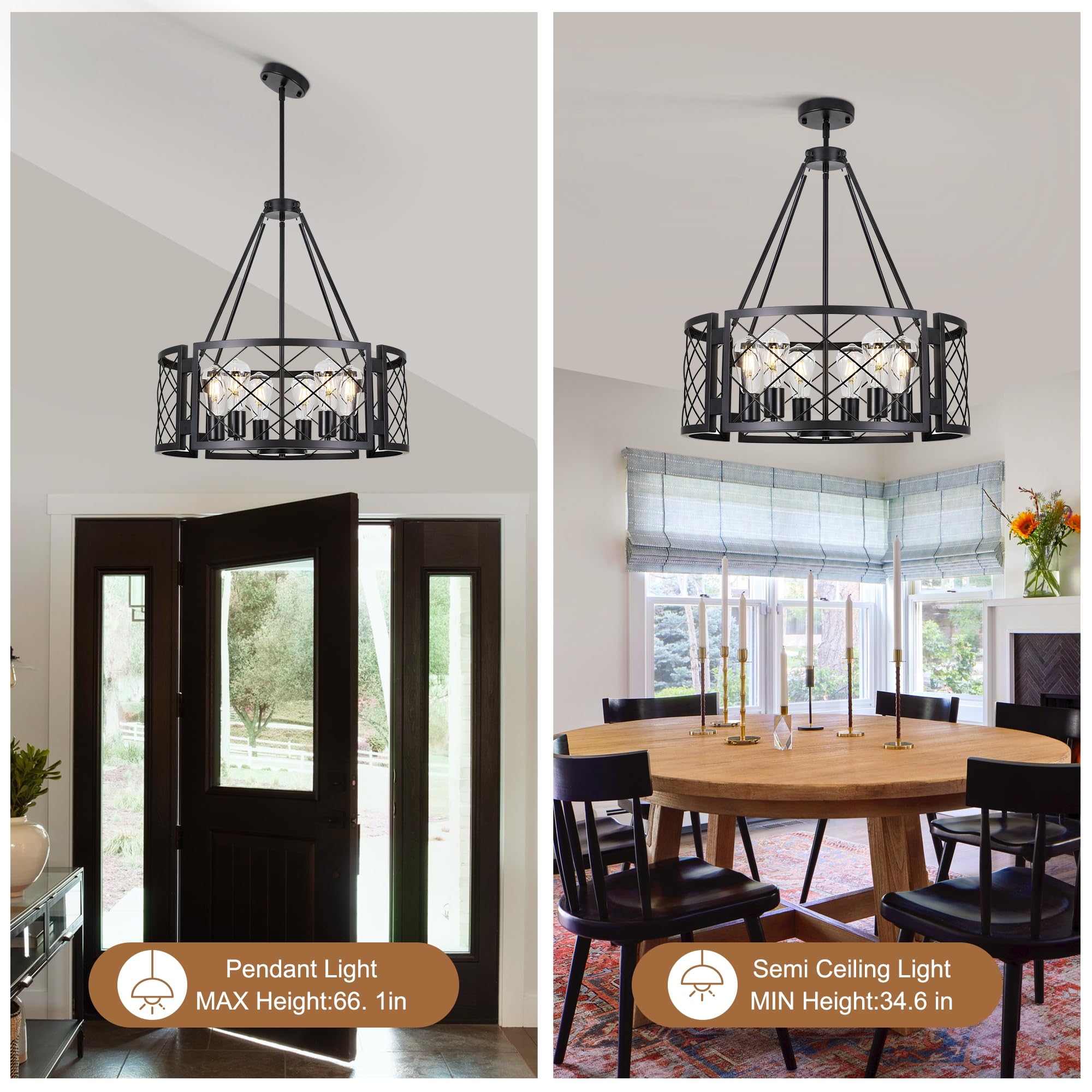 Sigaitwei 6-Light Farmhouse Chandelier Rustic Black Chandelier For Dining Room,Adjustable Pendant Light,Drum Chandelier For Kitc