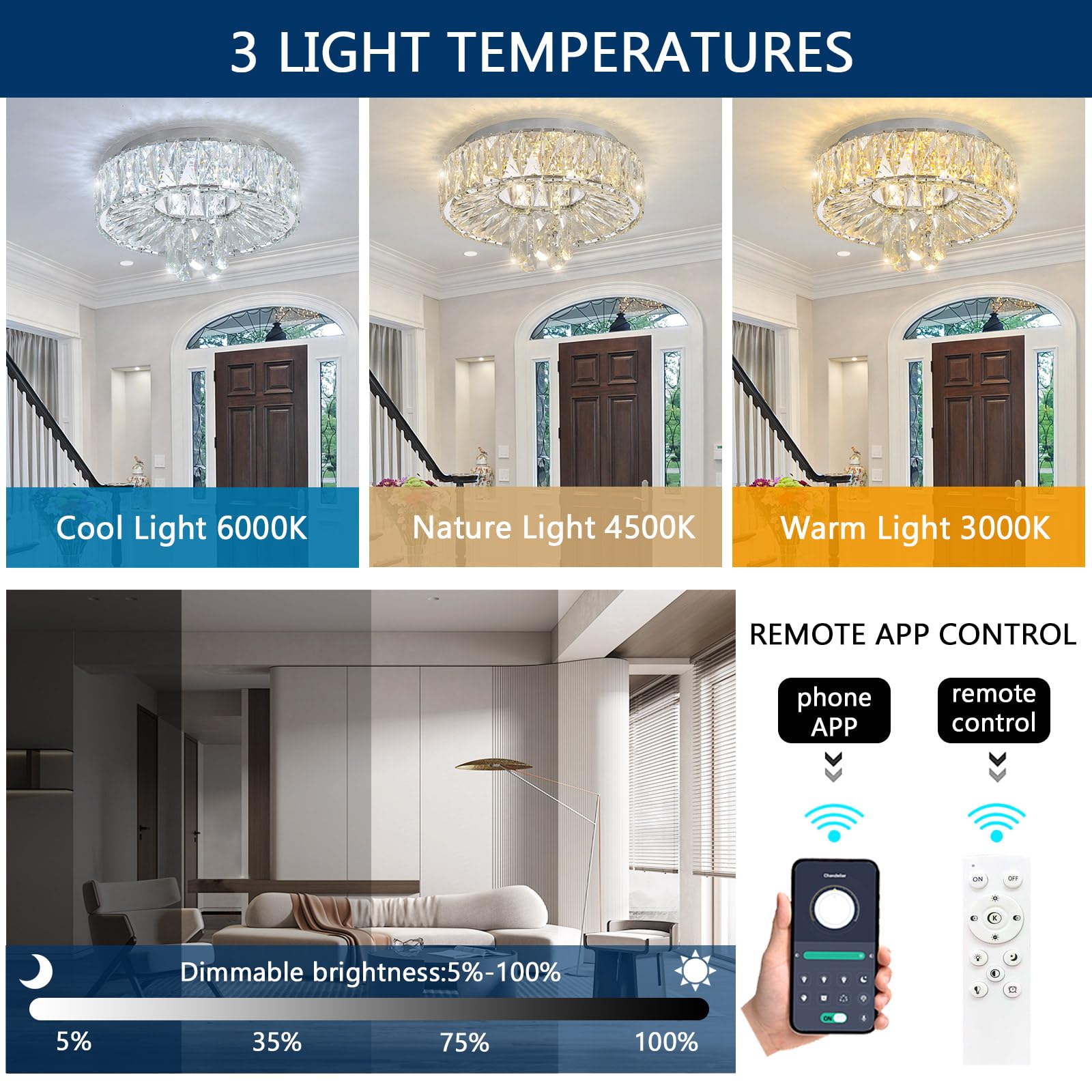 dolria Modern LED Chandeliers, 53.7'' Dimmable Crystal Flush Mount, Silver, Model PC1019-140S for Living Room, Foyer, Bedroom