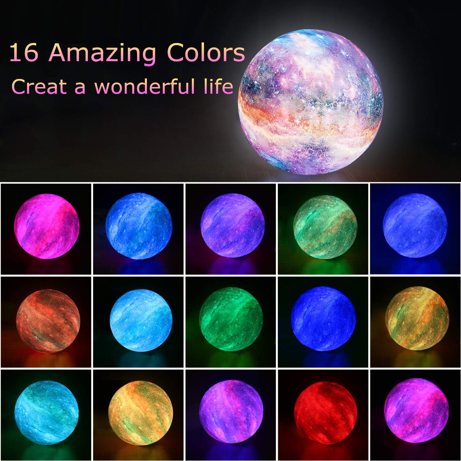 LOGROTATE Moon Lamp, Kids Night Light, 16 Colors Galaxy Lamp 3D Printing LED Moon Light with Stand, Remote&Touch Control, USB Re