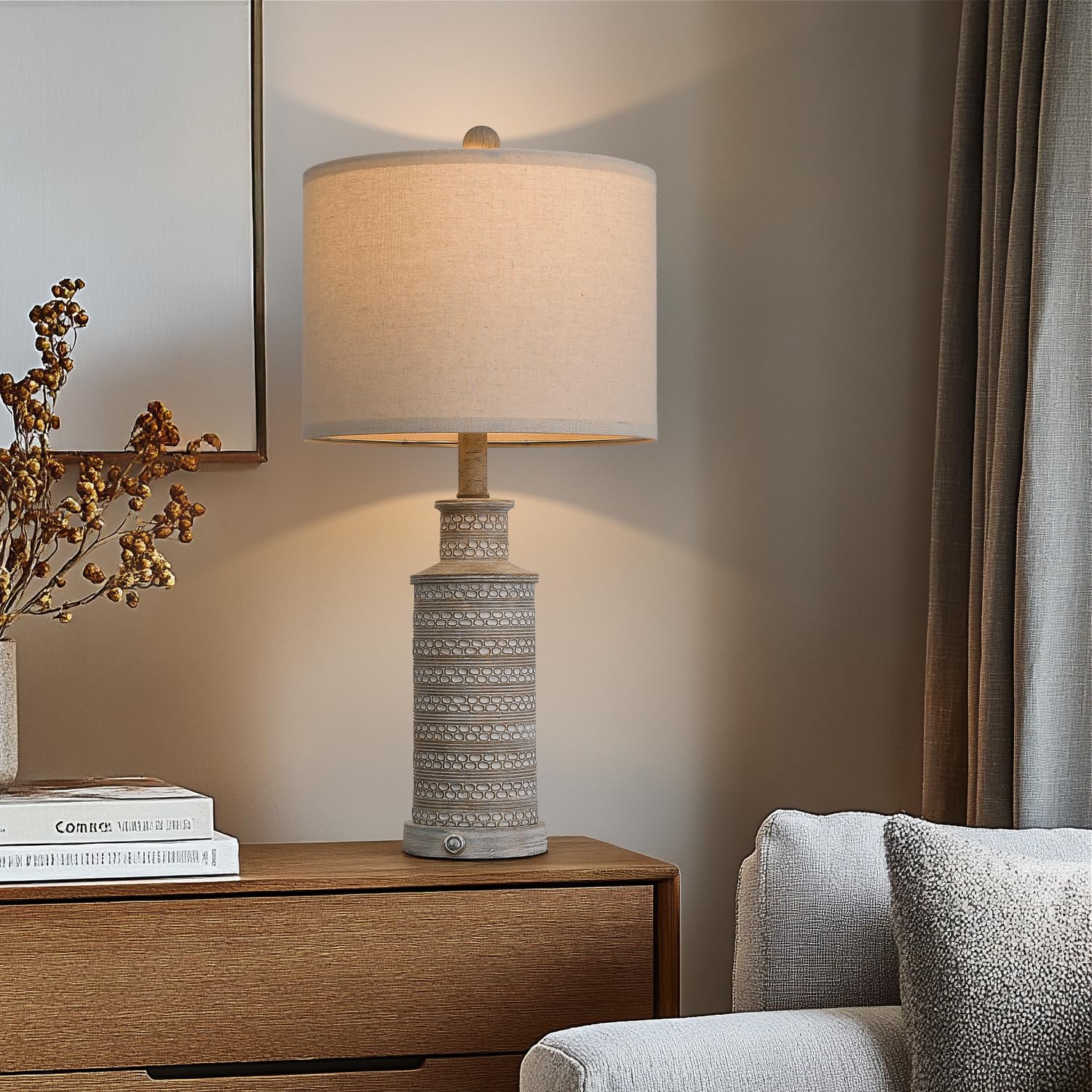 BOBOMOMO Touch Control Table Lamp - 3-Way Dimmable, Dual USB Ports, Vintage Rustic Design, Gray, Model AMZ-T1059FC-TU-1, 1