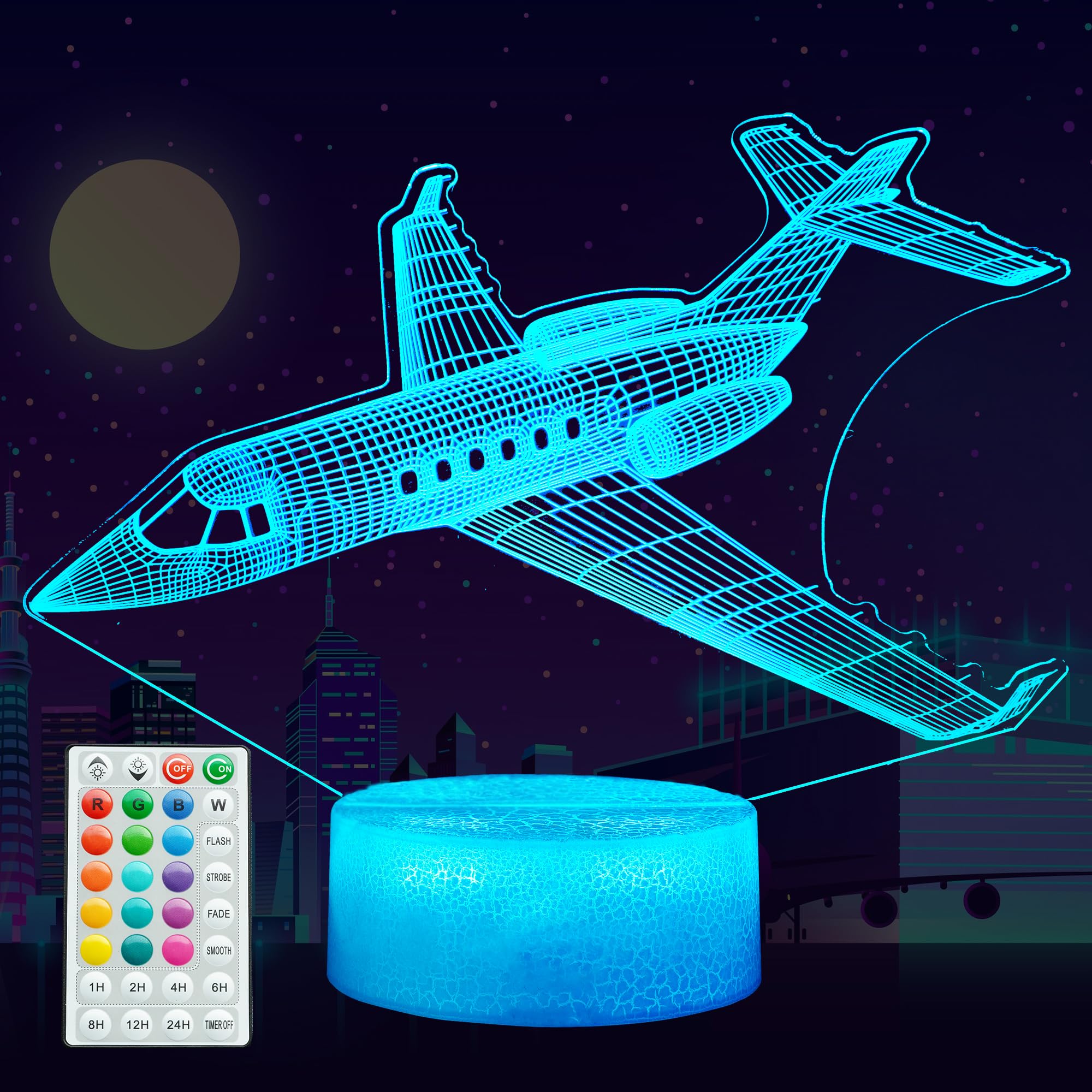 POSSHE Airplane Night Light, Plane Gifts, Aviation 3D Illusion Night Light with 16 Colors Changing, Remote Control with Timer, K
