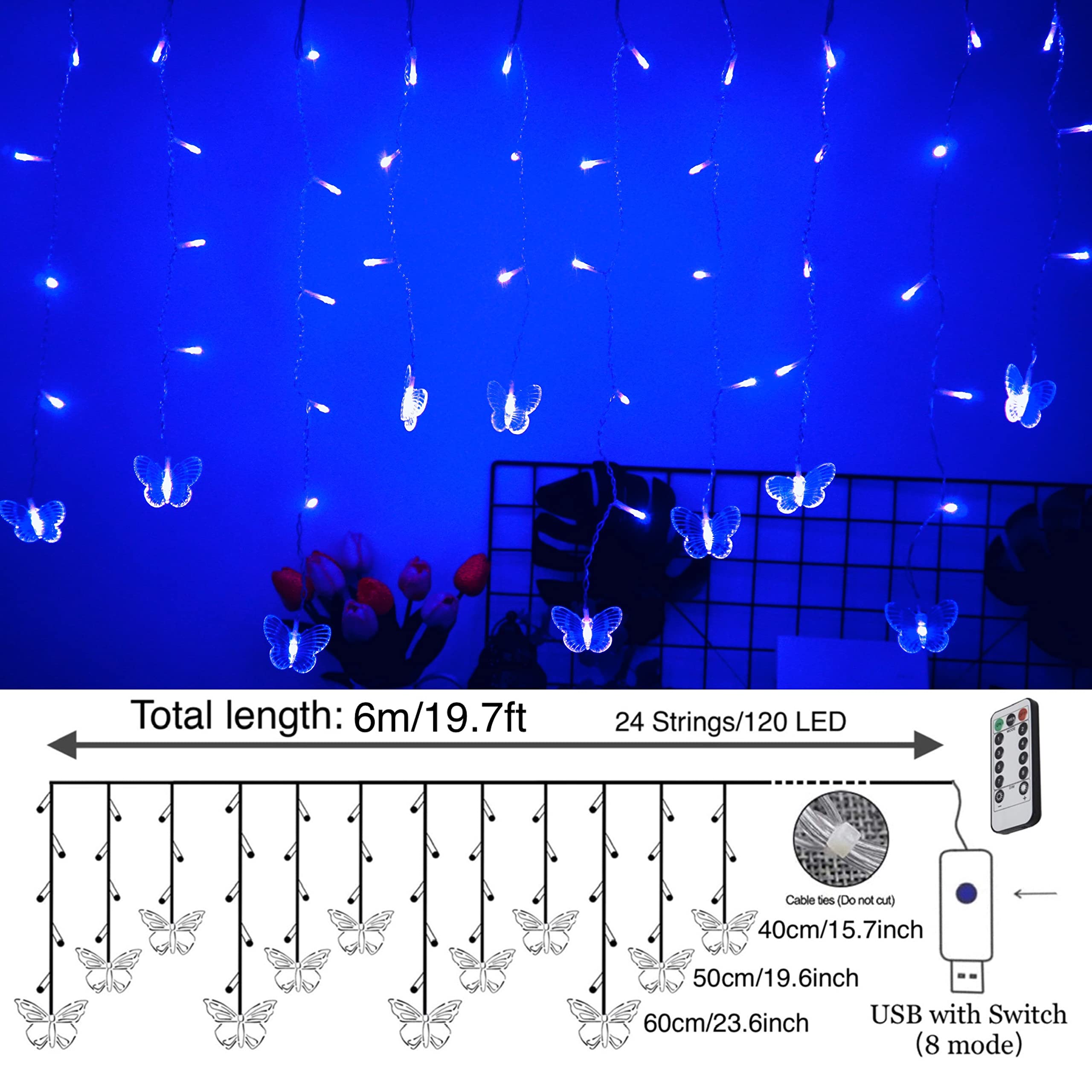 Felishine Blue Butterfly Curtain Fairy Lights, 120 Led Usb, 8 Modes, Waterproof Copper Wire