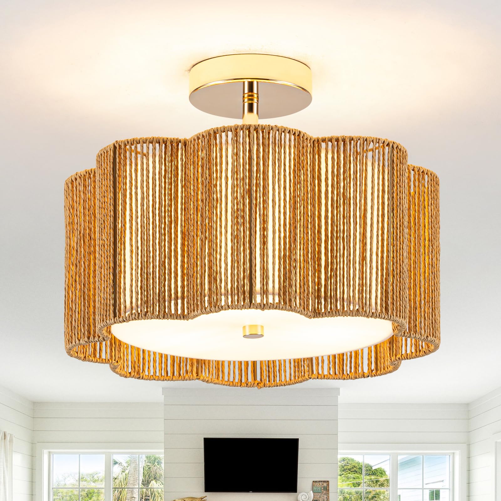 Tbaoinla Boho Light Fixture & Rattan Chandelier - Golden Plum Blossom Ceiling Light With Silk Road Artistry, Flush Mount Design 