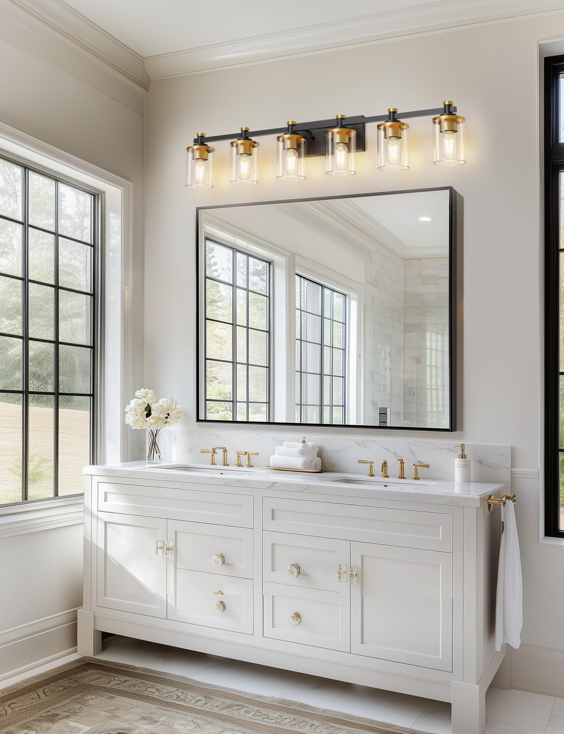 L Lohas Led 6 Light Bathroom Vanity Light  Black And Gold Bathroom Light Fixture Over Mirror  Modern Lighting Fixtures With Clear Glass Shade  Vintage Vanity Lights For Bathroom Mirror Hallway  Etl