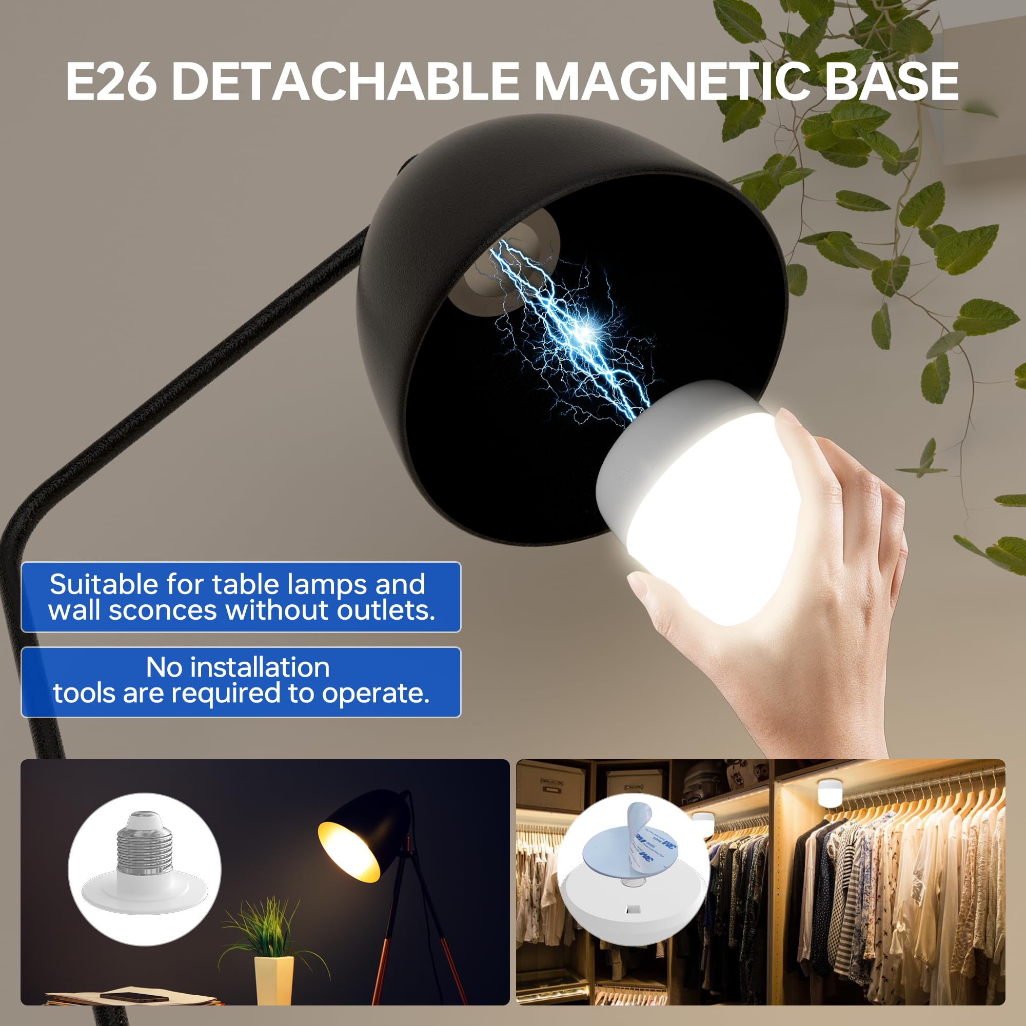 KINDEEP Rechargeable LED Night Bulb, E26 Wireless, 4000mAh, 400LM, Remote Control, 3 Color Temperatures, 12 RGB Colors, White,