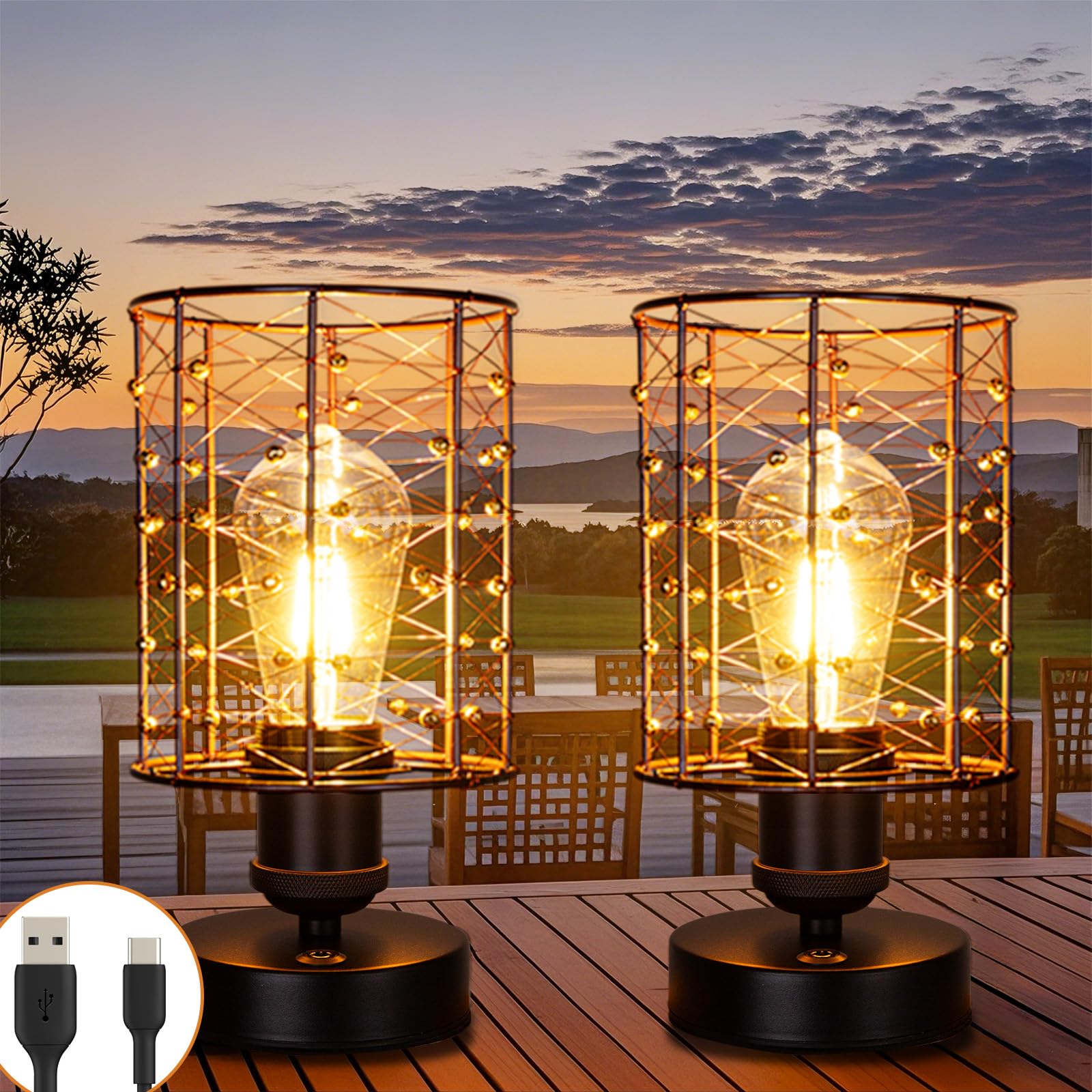 ALL FORTUNE Cordless Rechargeable Outdoor Table Lamps, Battery Operated Table Lamp with Stepless Dimmable Table Lights, Outdoor 