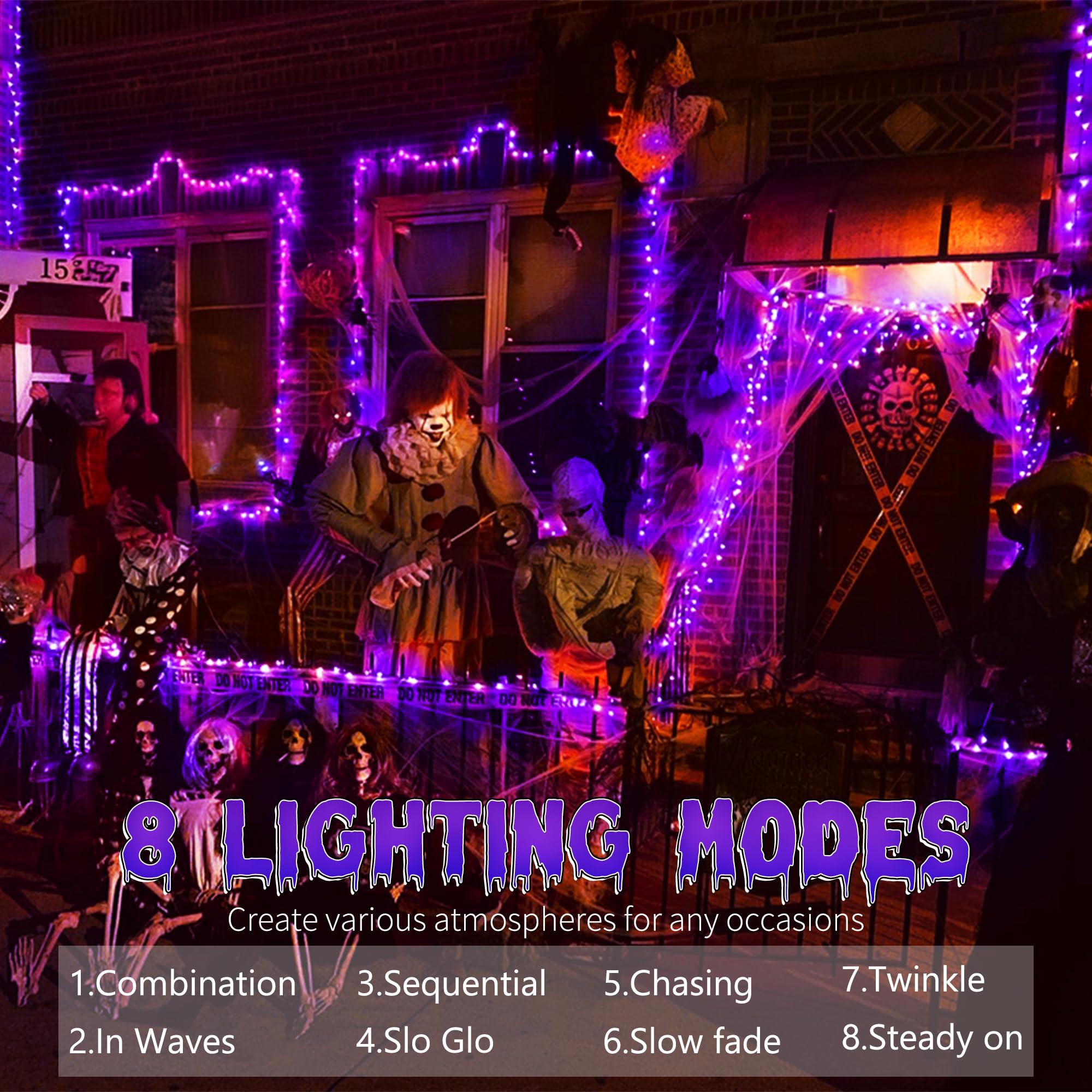 Brizled Purple Halloween Lights, 200 LED String Lights, 66ft, 8 Modes, Timer, Outdoor/Indoor, Model FT4-200PCL-30