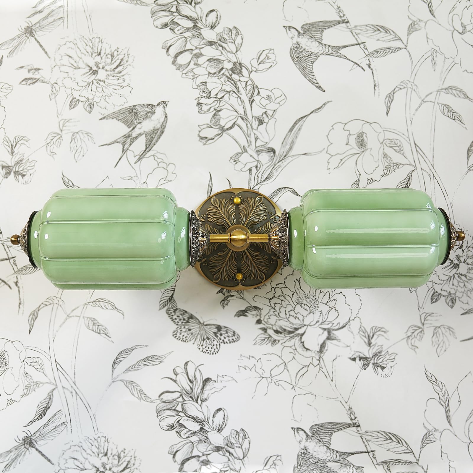Vintage Milk Glass Bathroom Vanity Light - 2-Light Wall Sconce with Brass Finish Base & Green Glass Shade - Wall Sconce Lighting for Mirror  Kitchen  Living Room  Gallery (Bulbs Included) (Green)