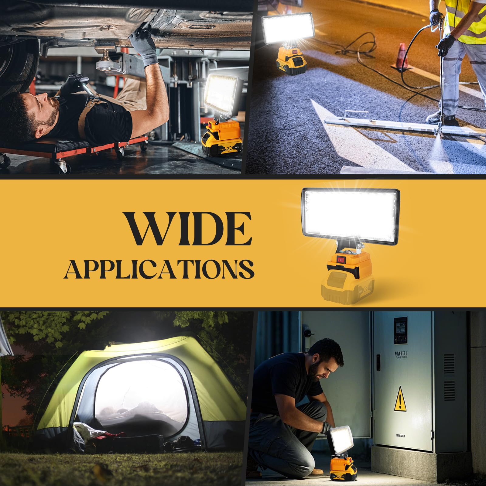 Hnndlra Cordless LED Work Light 8in 9000LM 90W, 2 Modes, for Dewalt 20V Battery, Yellow, Model YJD