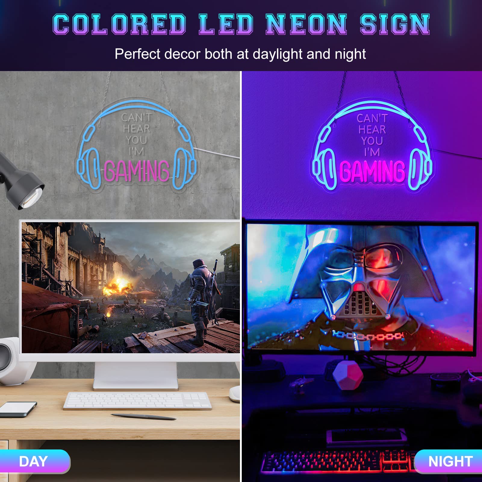 ReyeeInc Gaming Neon Sign - Dimmable LED Headset Light, USB Powered, Blue and Pink, Wall Decor for Gamer Room