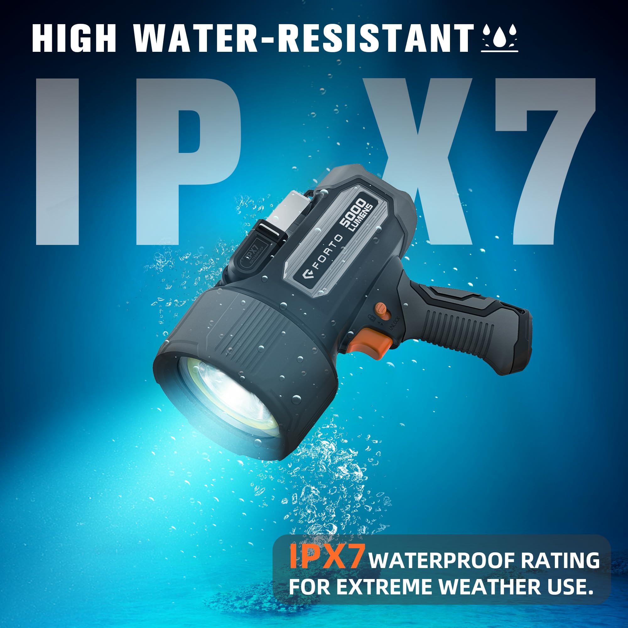 FORTO Rechargeable Spotlight 5000 Lumen Waterproof Handheld Flashlight Model SPT5000 Black with EVA Carrying Case and 7 Light Modes
