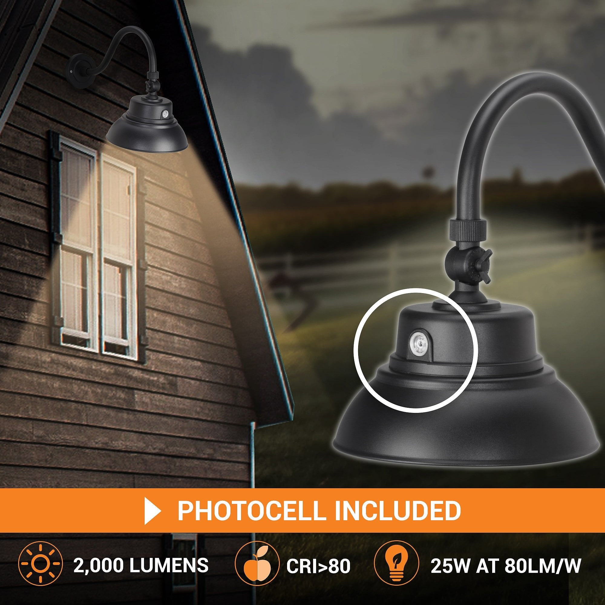 HTM LIGHTING SOLUTIONS Gooseneck Barn Light LED Fixture 10in. Textured Black 25W 2000lm Photocell Swivel Head ETL Listed