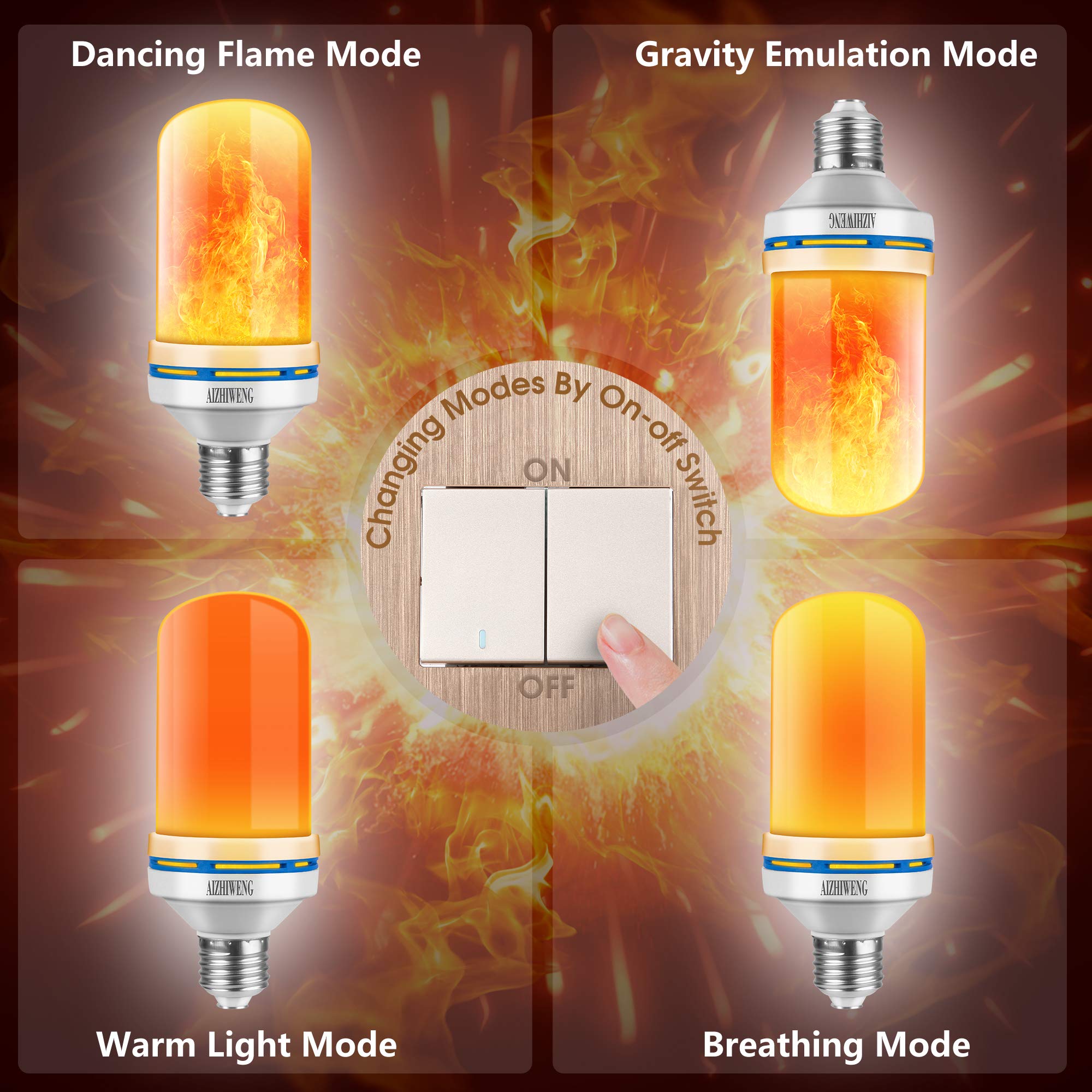 Aizhiweng Led Flame Effect Light Bulb - 4 Modes With Upside Down Effect - E26 Standard Base Flame Bulb - 3W - 150Lumen - Flame Bulbs For Halloween Or Christmas Home/Hotel/Bar Party Decoration (1Pack)